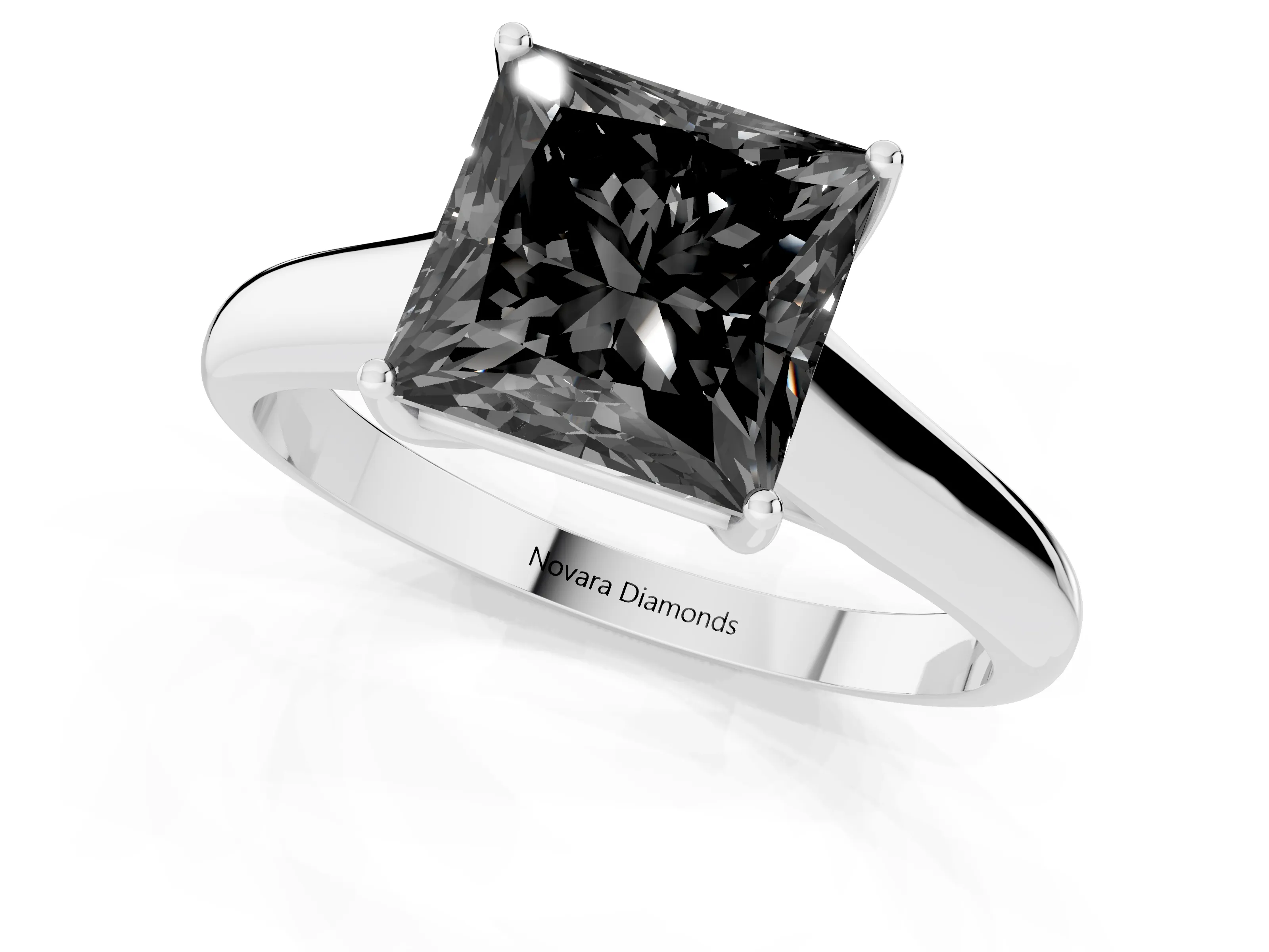 Fancy Black Princess Cut Diamond Solitaire Engagement Ring Set in Silver with Subtly Tapered Band and Prong Setting