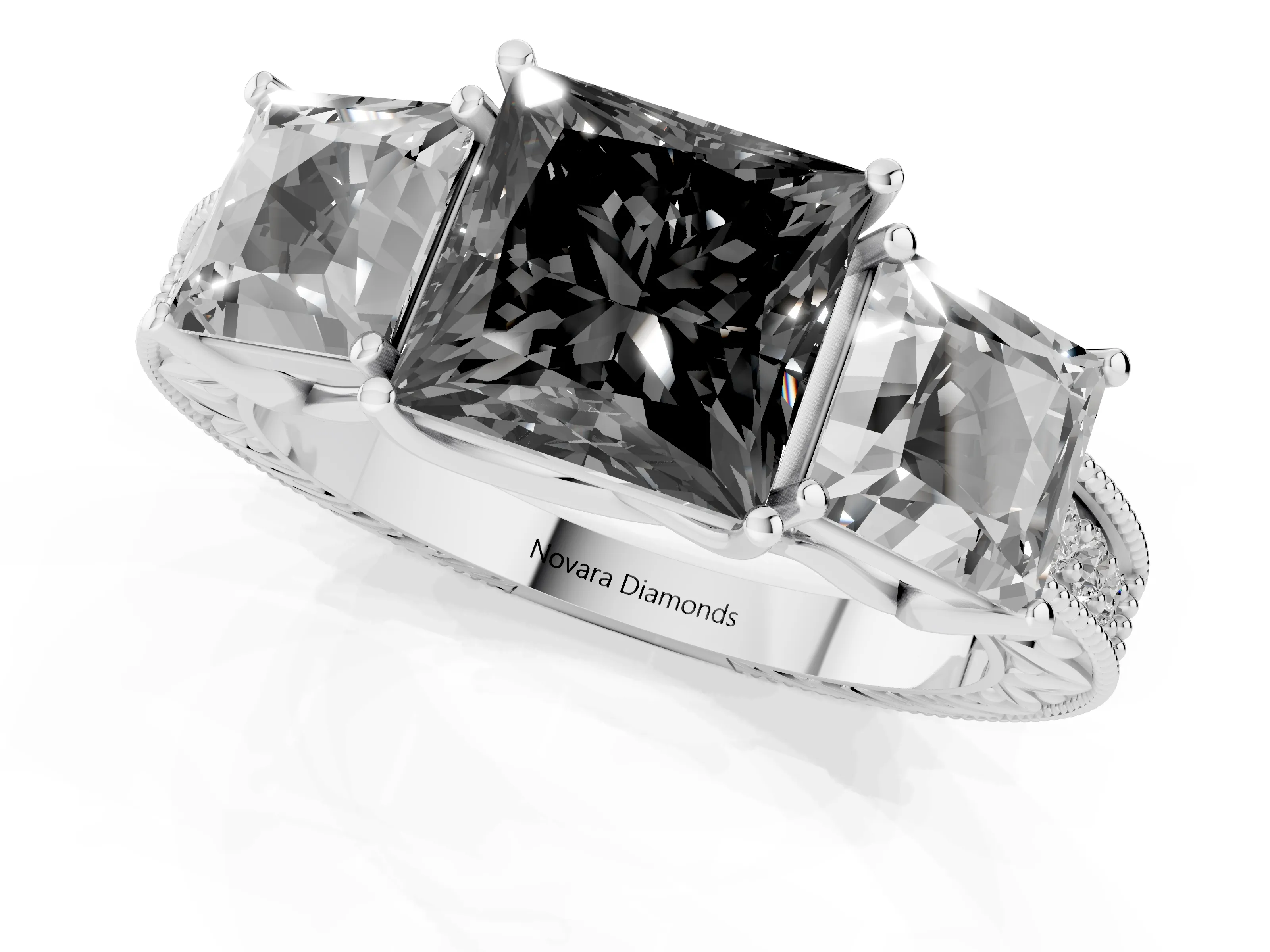Fancy Black Princess Cut Diamond Three-Stone Engagement Ring Set in Silver with Milgrain Pavé Band – second view