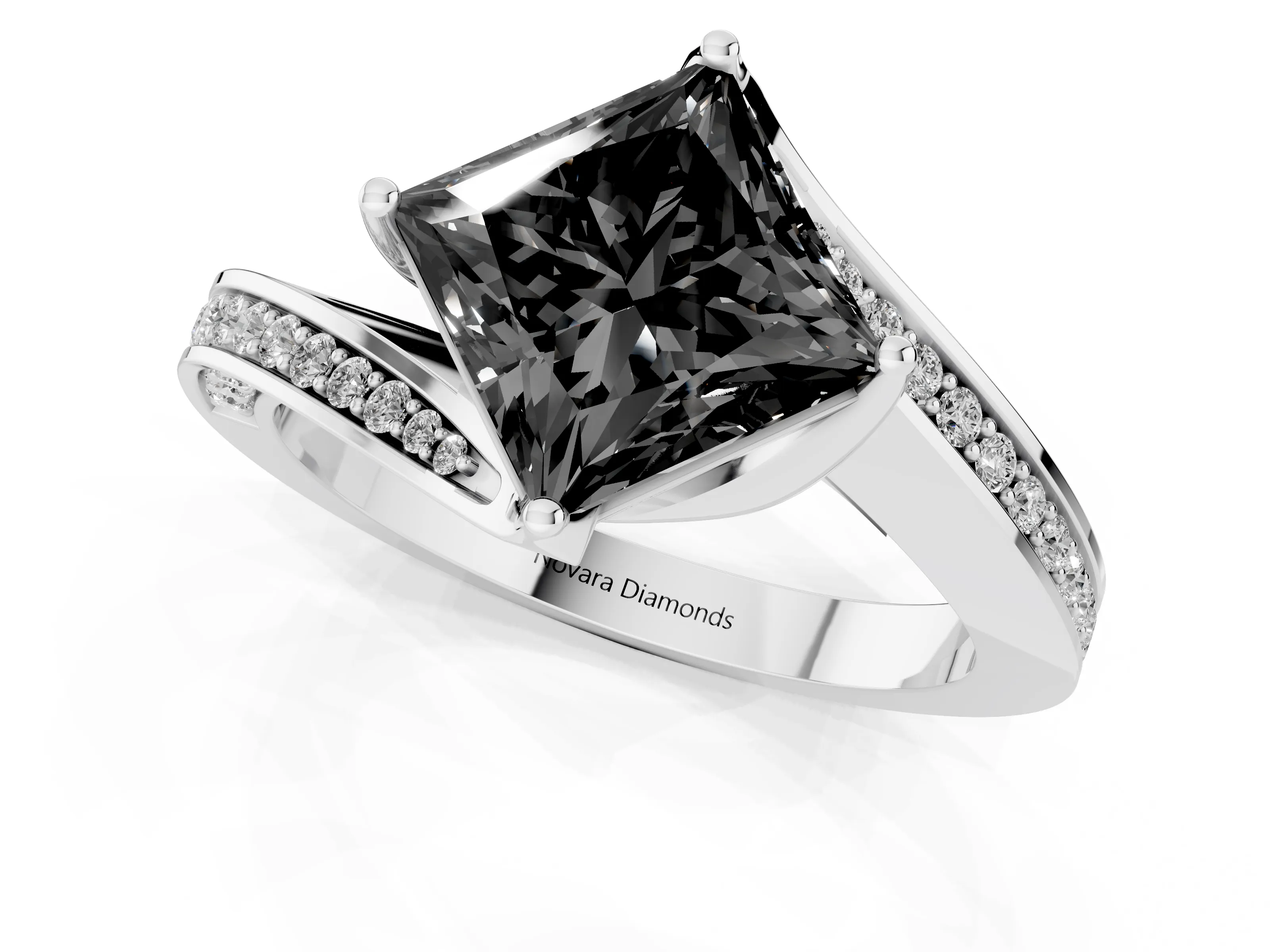 Fancy Black Princess Cut Diamond Solitaire Ring Set in Platinum with Intertwined Pavé Twist Band