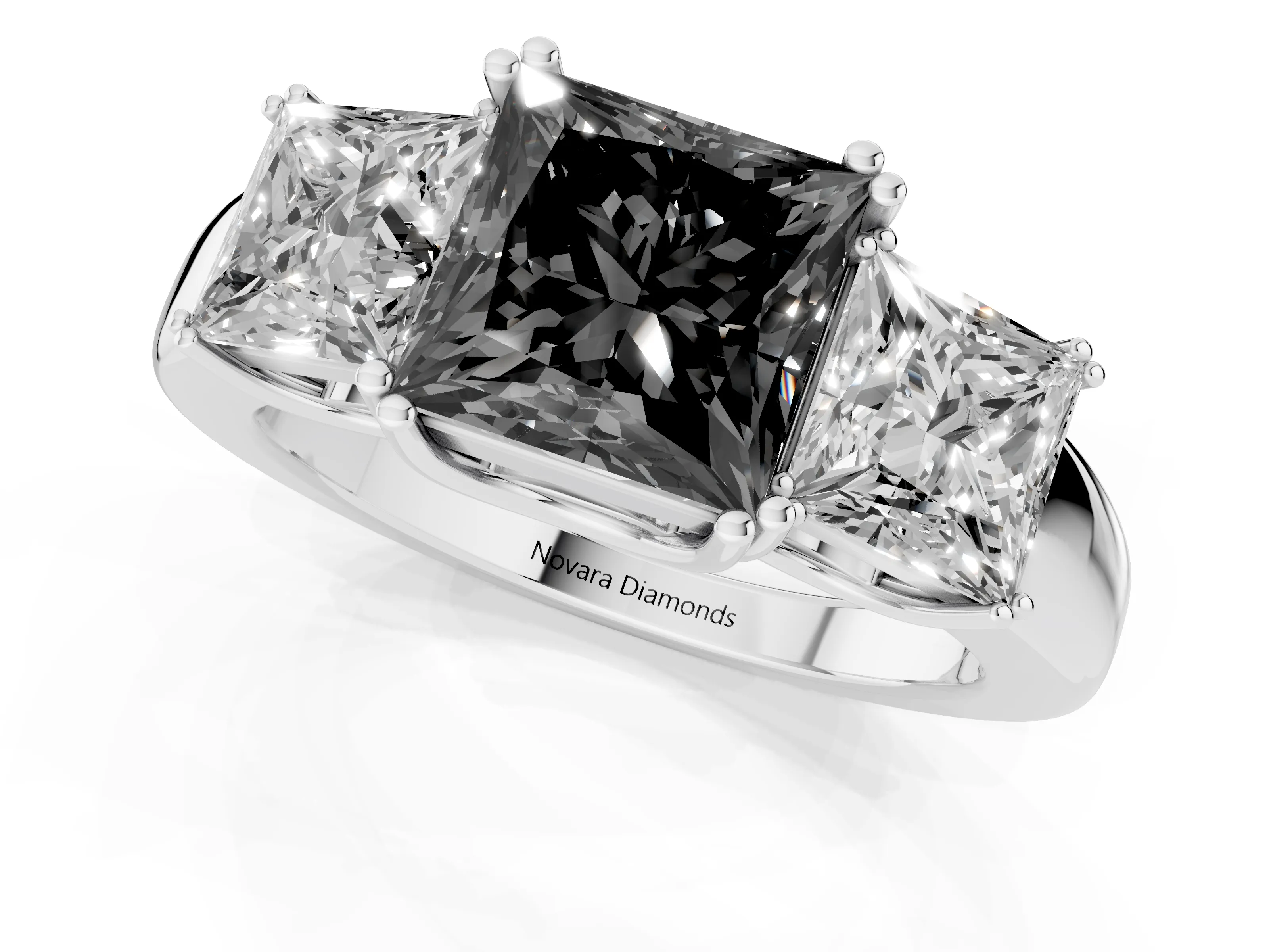 Fancy Black Princess Cut Diamond Three-Stone Ring Set in Platinum with Polished Channel-Set Band