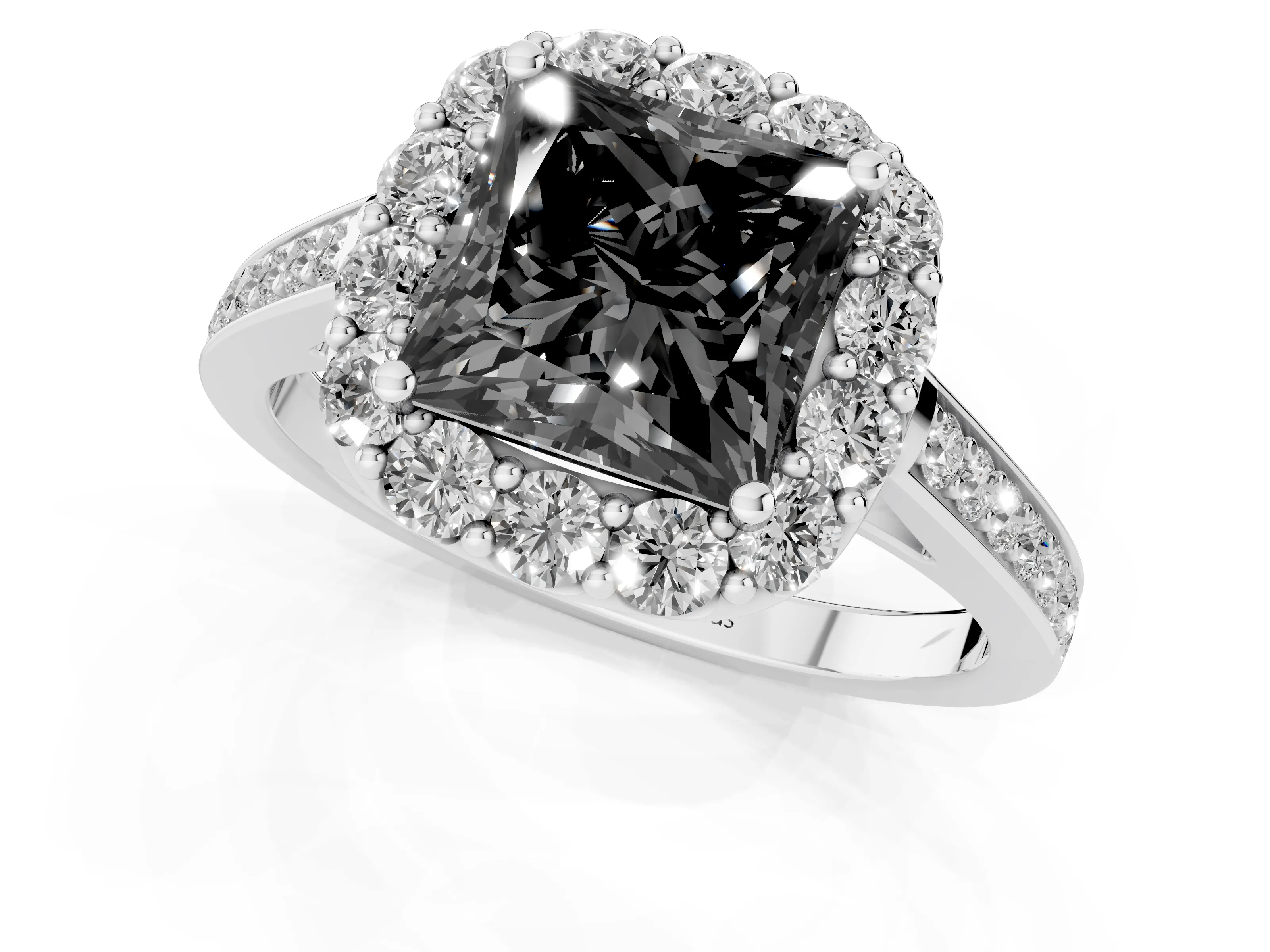 Fancy Black Princess Cut Diamond Floral Halo Ring Set in Platinum with Pavé Band and Prong Setting