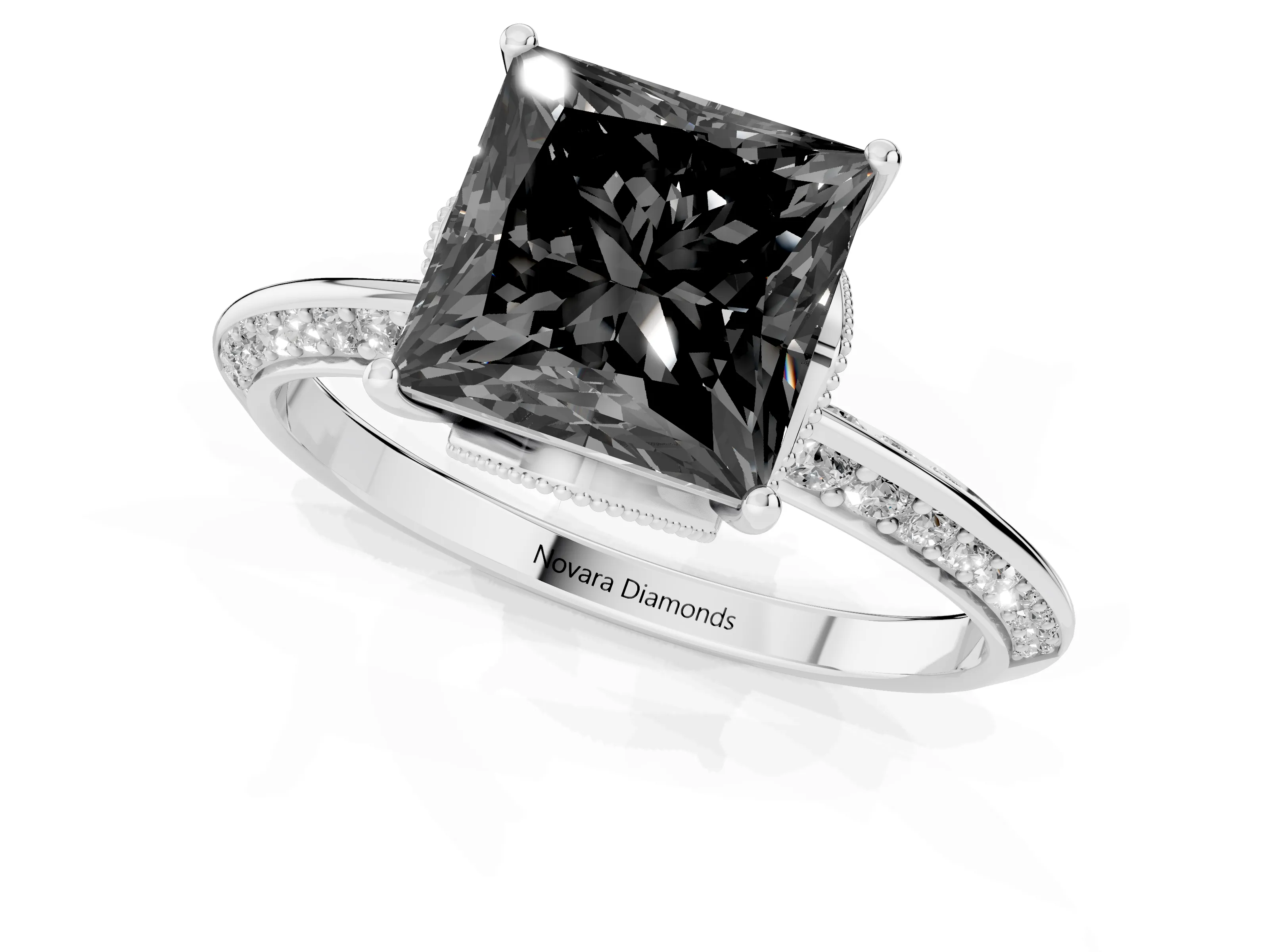 Fancy Black Princess Cut Diamond Solitaire Engagement Ring Set in Platinum with Pavé Split Shank and Prong Setting