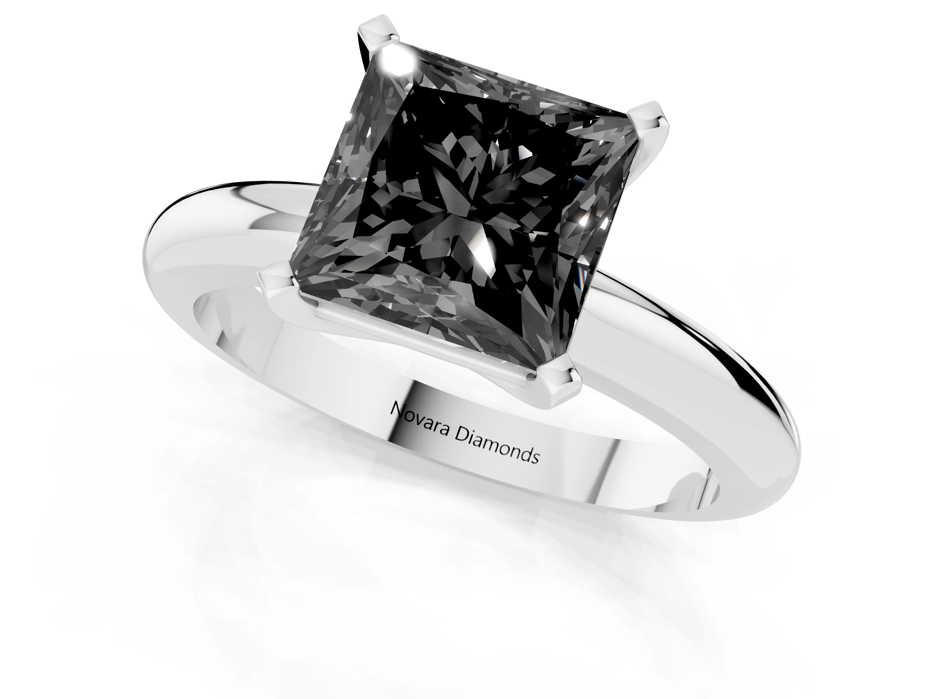 Fancy Black Princess Cut Diamond Solitaire Engagement Ring Set in White gold with Round Band and Prong Setting