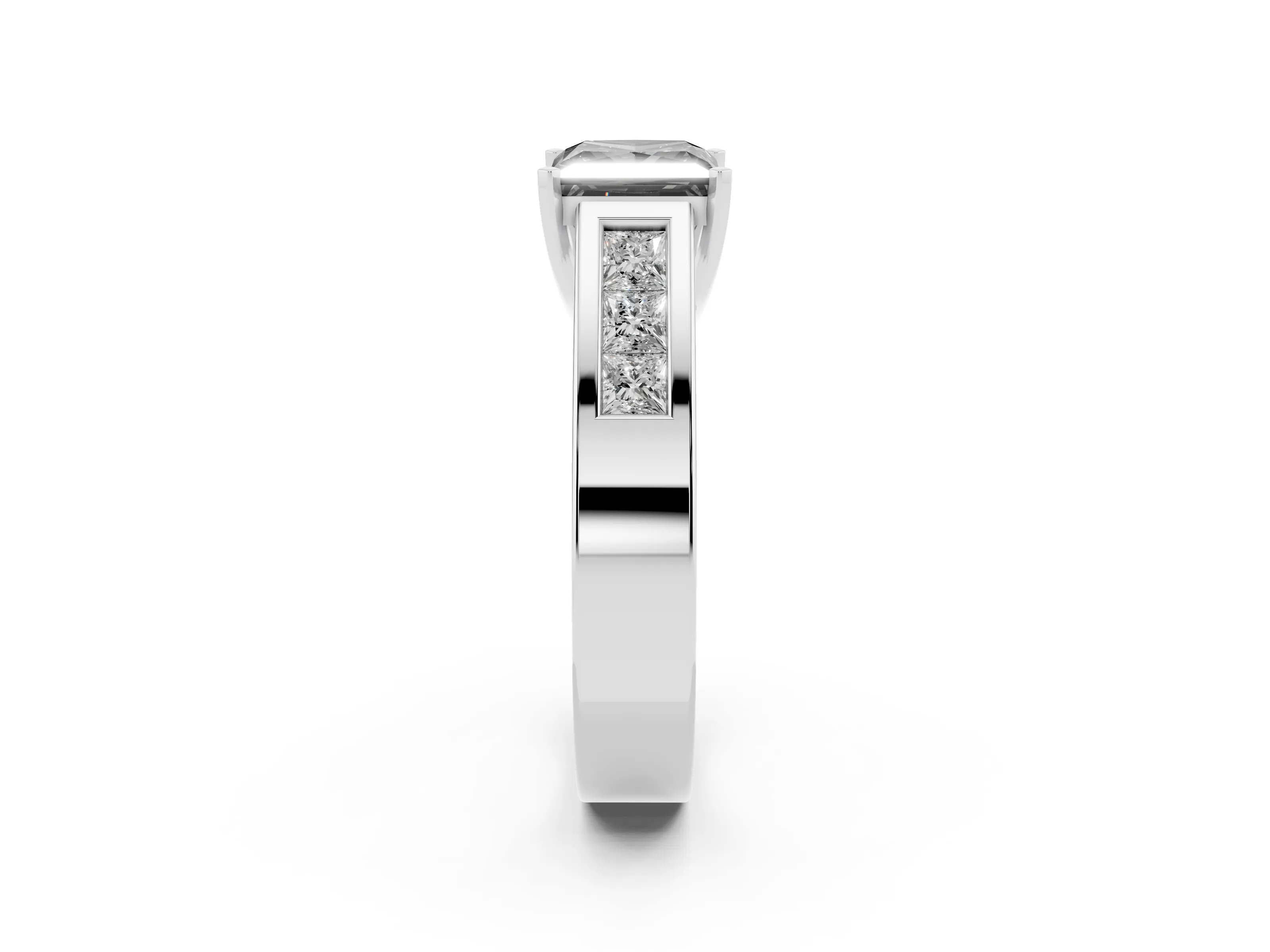 Fancy Black Princess Cut Diamond Solitaire Ring Set in Silver with Channel-Set Accent Stones and Prong Setting
