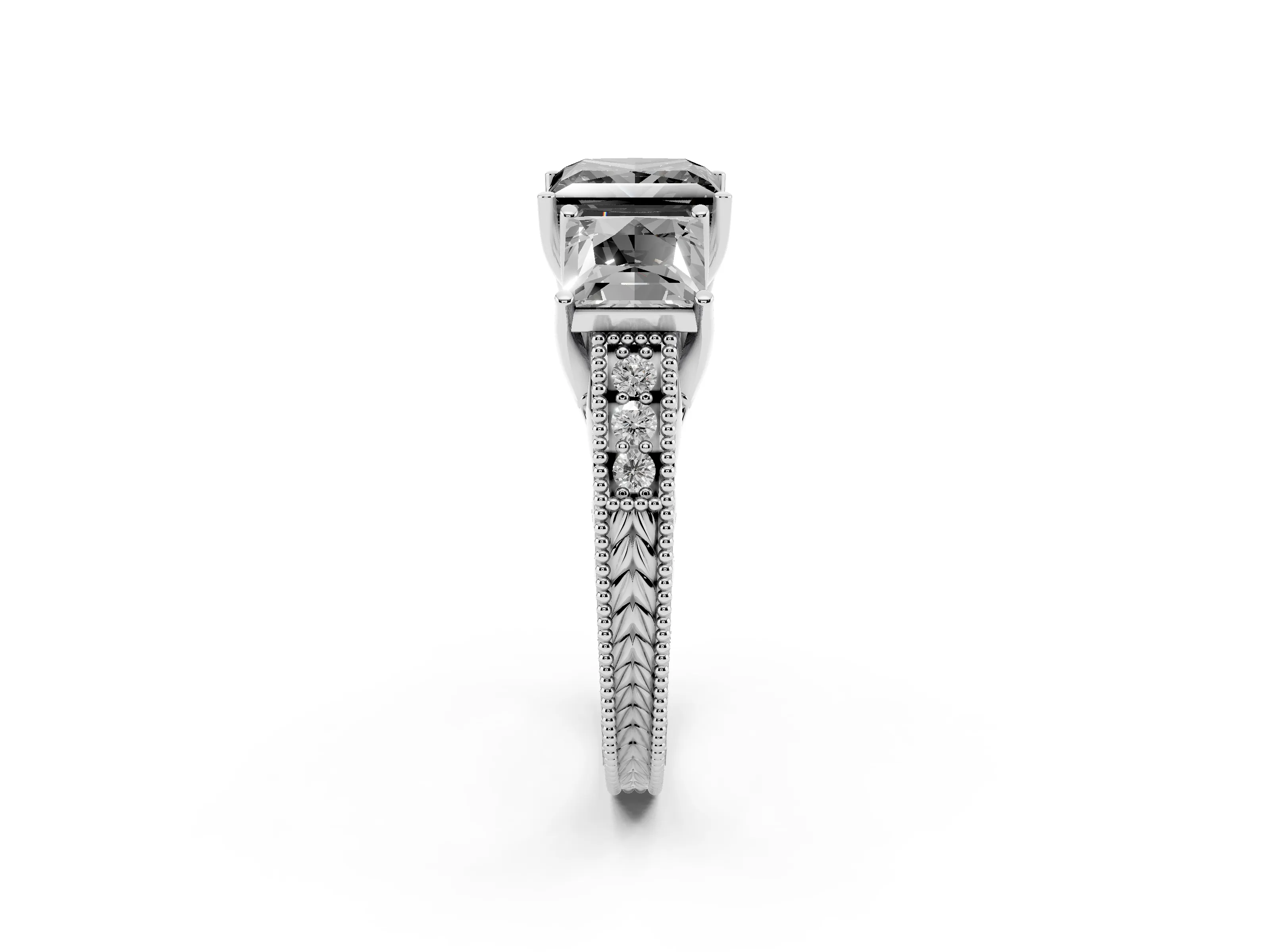 Fancy Black Princess Cut Diamond Three-Stone Engagement Ring Set in Platinum with Milgrain Pavé Band