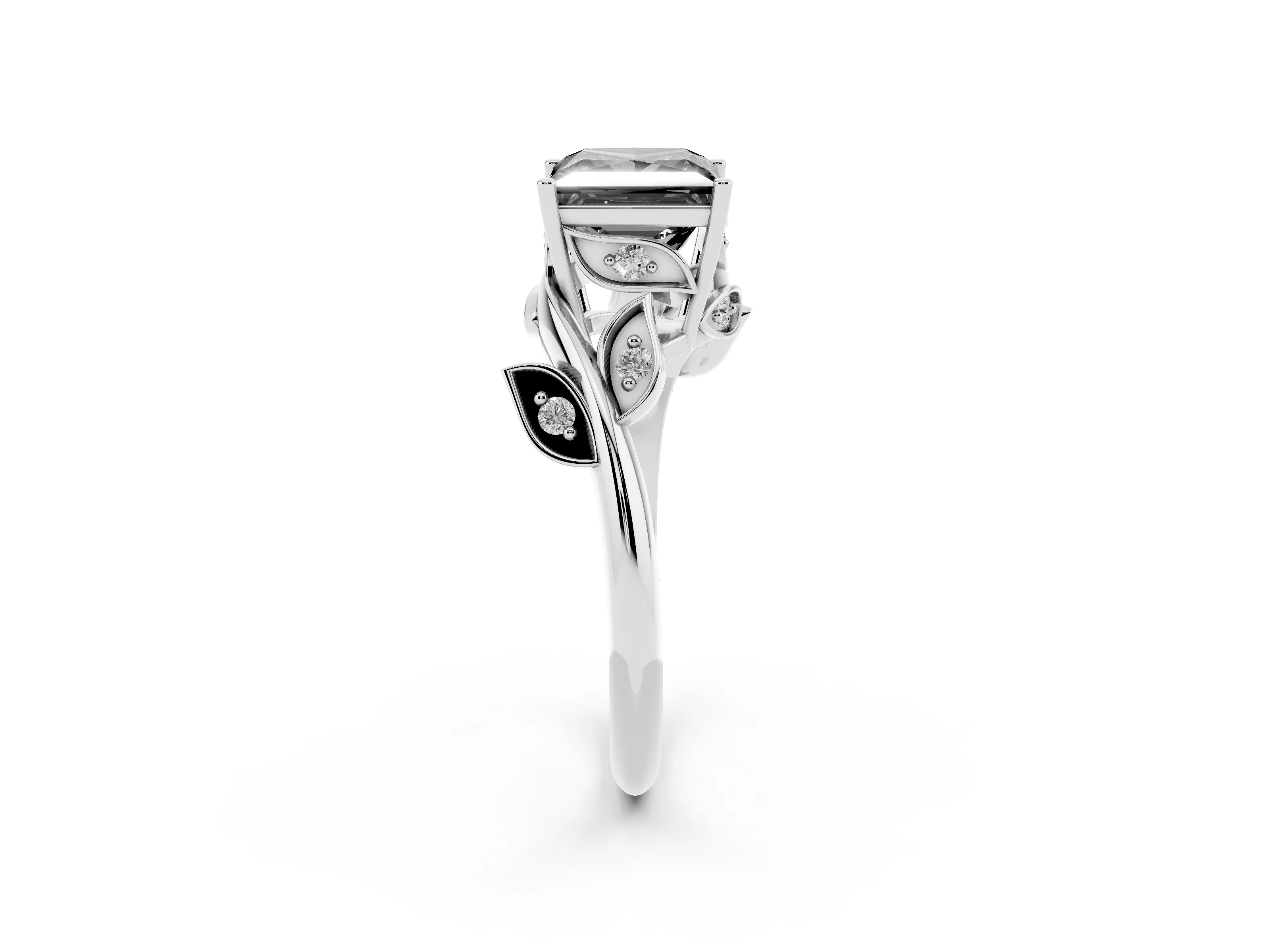 Fancy Black Princess Cut Diamond Solitaire Twist Engagement Ring Set in Silver with Pavé Leaf Accents