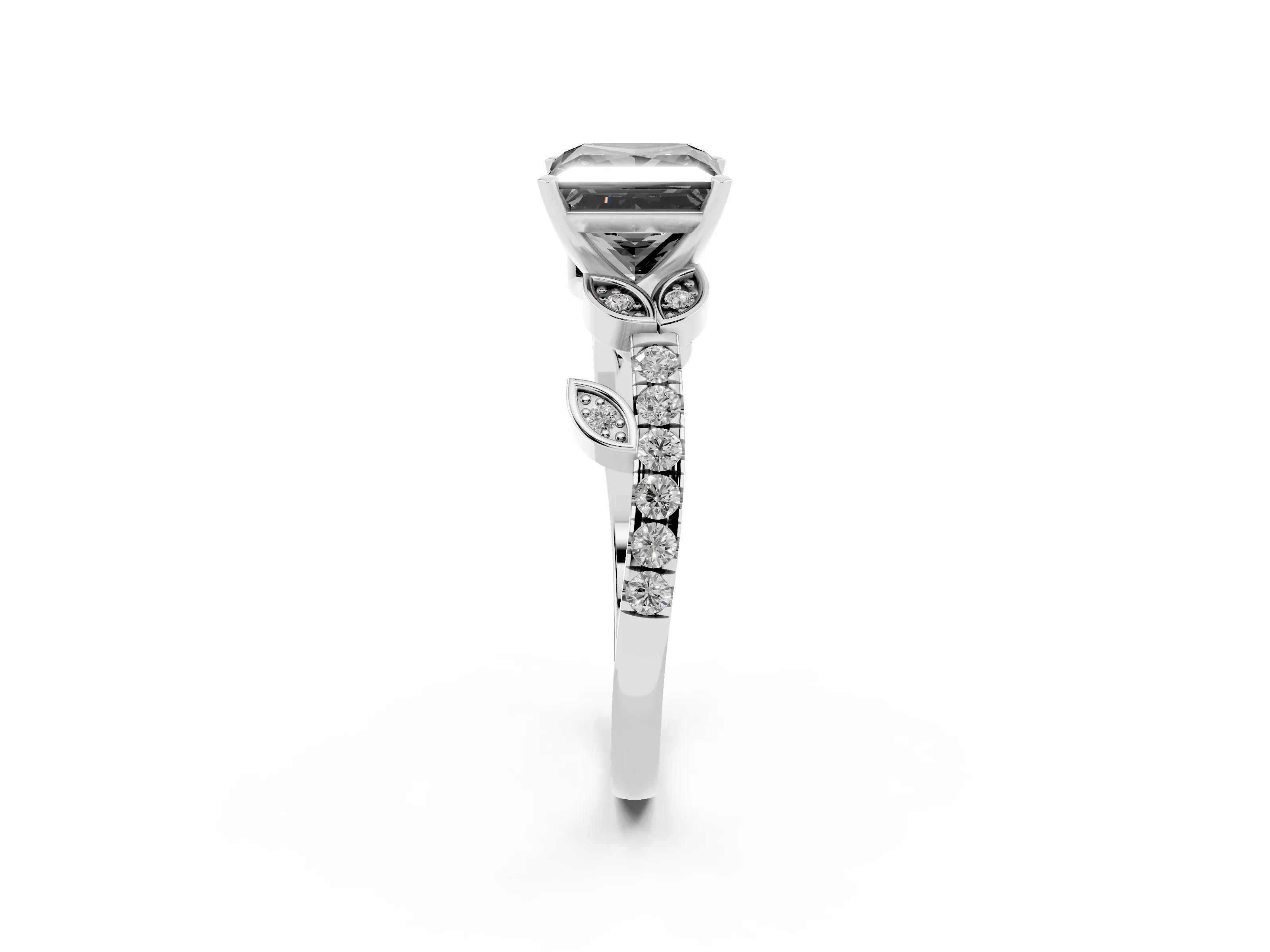 Fancy Black Princess Cut Diamond Solitaire Leaf-Inspired Ring Set in Platinum with Pavé Band and Prong Setting