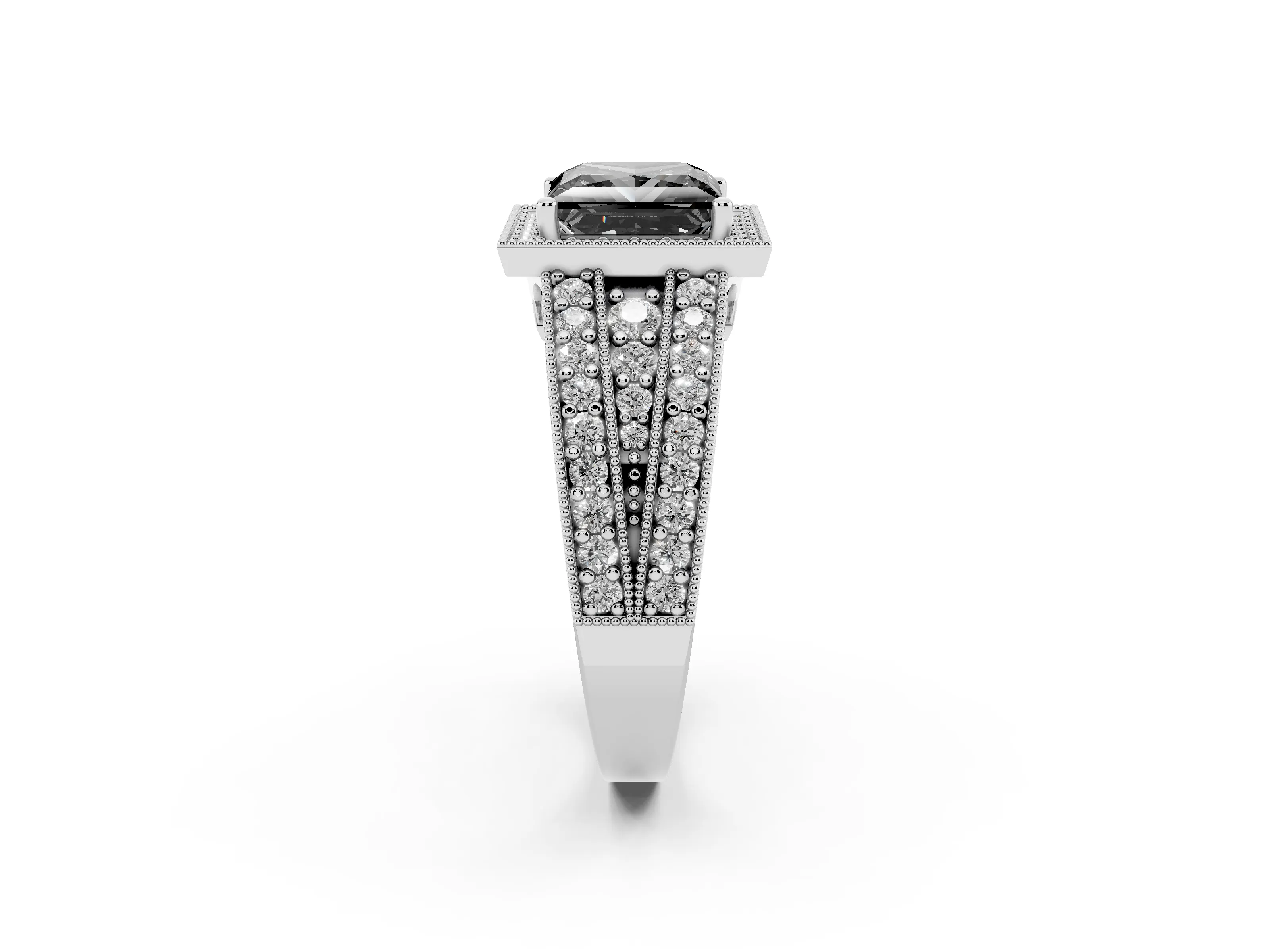 Fancy Black Princess Cut Diamond Halo Ring Set in White gold with Accent Split Shank and Prong Setting