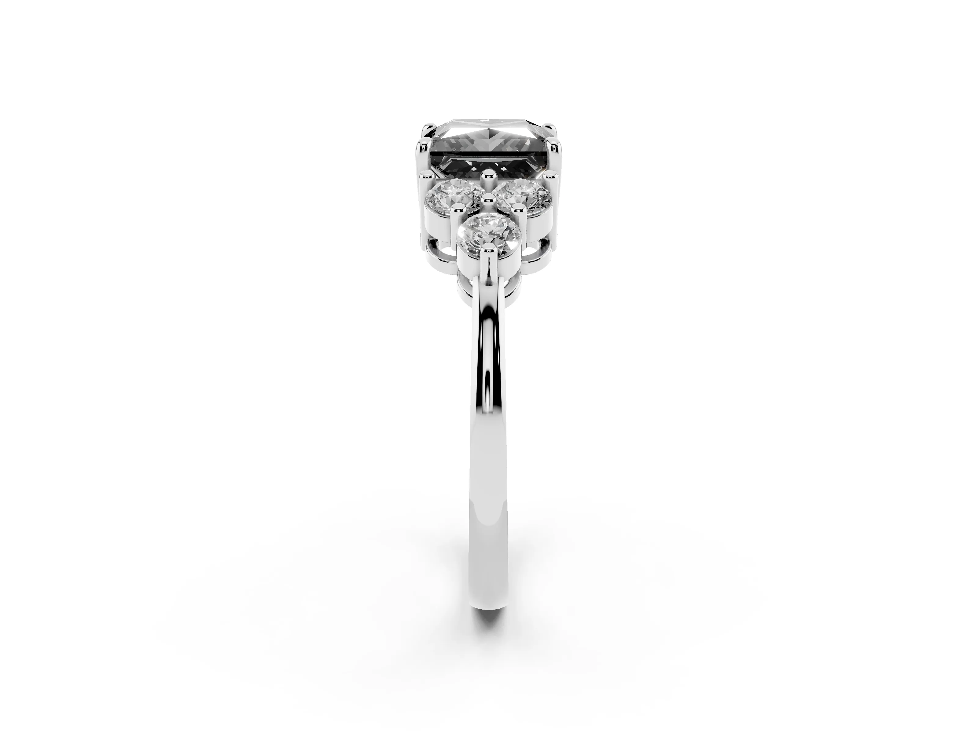 Fancy Black Princess Cut Diamond Solitaire Ring Set in Silver with Cluster Accents on Each Side