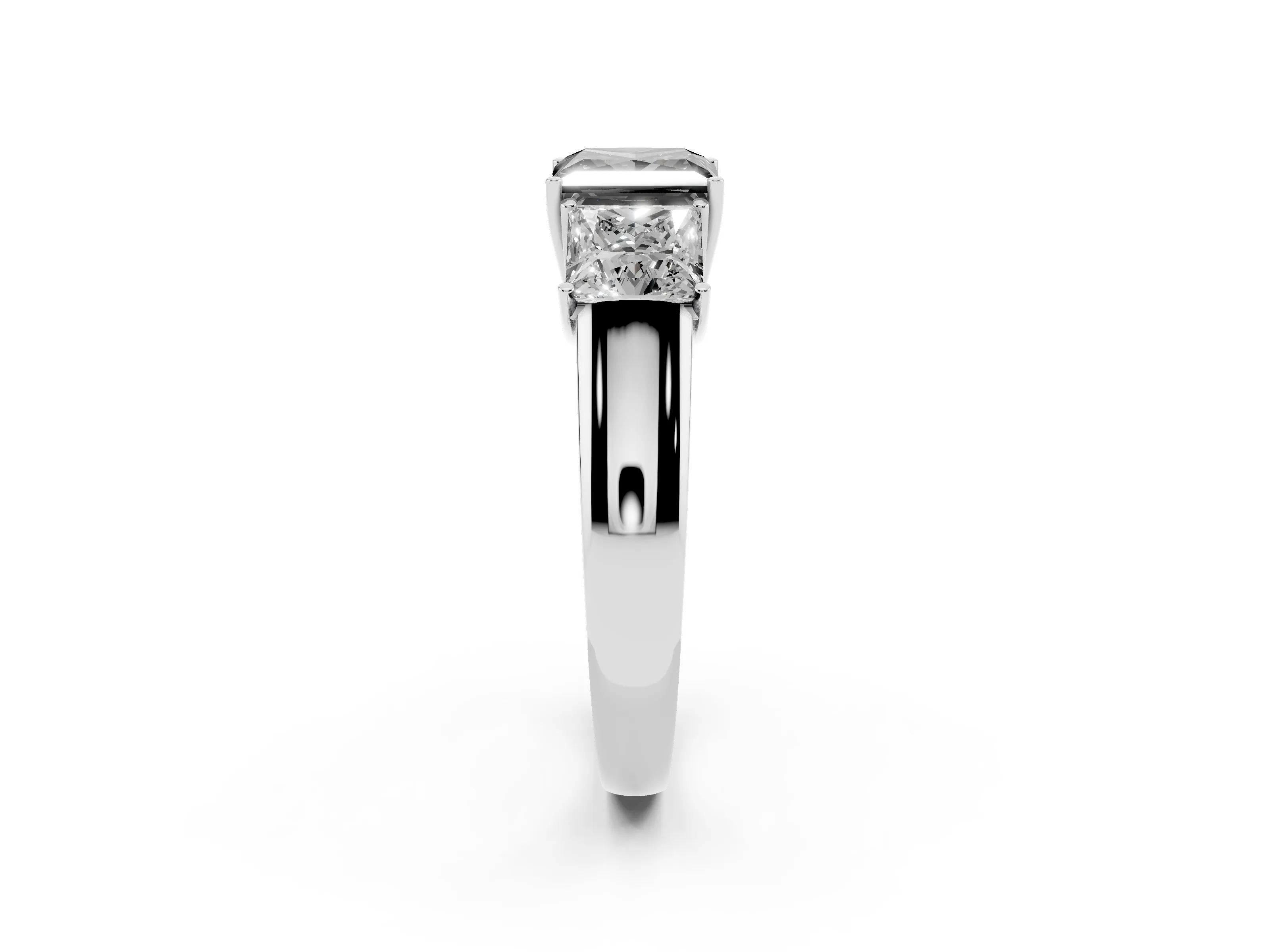 Fancy Black Three-Stone Princess Cut Diamond Ring Set in White gold with Matching Prong Settings and Plain Band