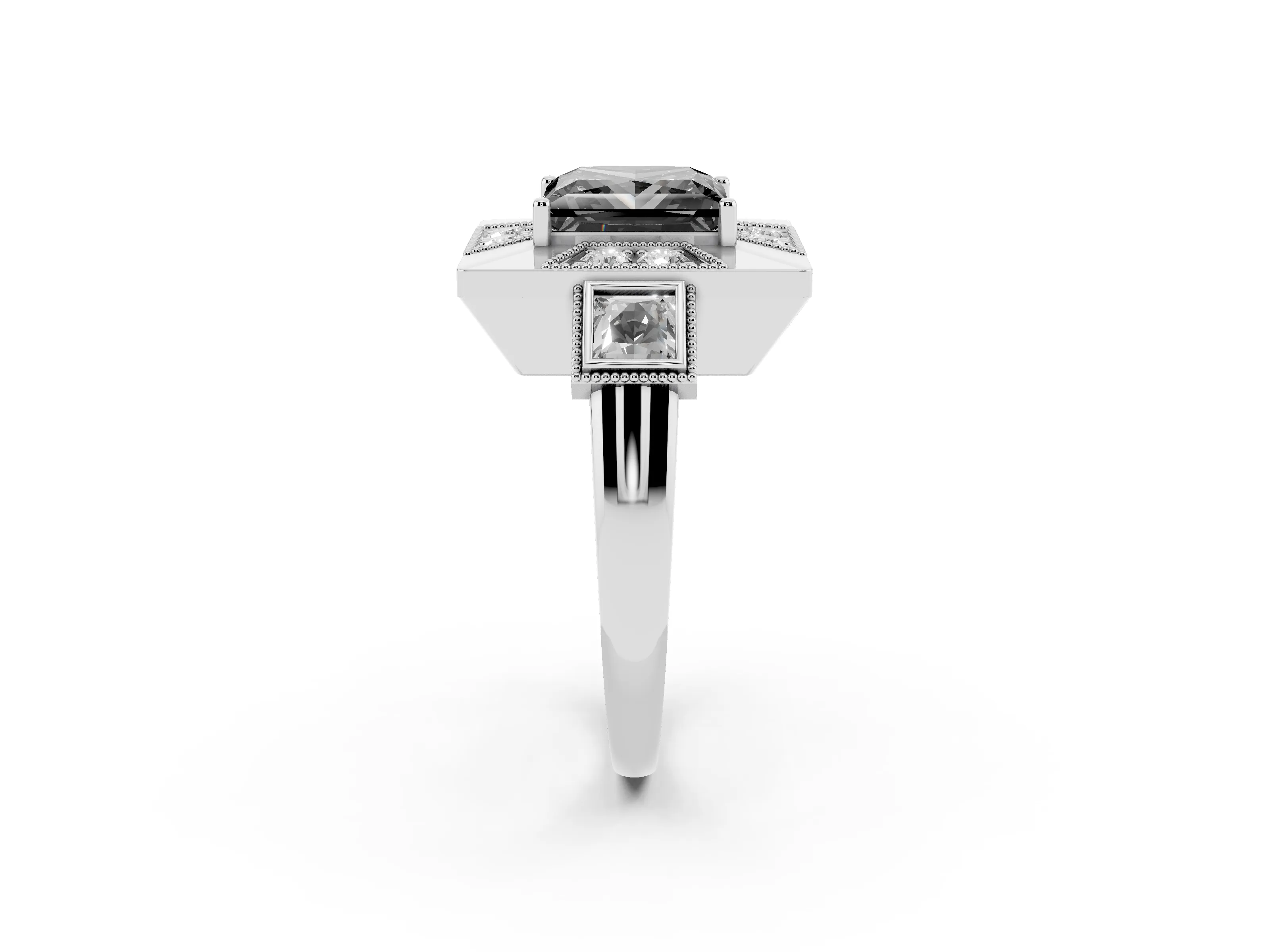 Fancy Black Princess Cut Diamond Milgrain Halo Ring Set in Silver with Split Shank