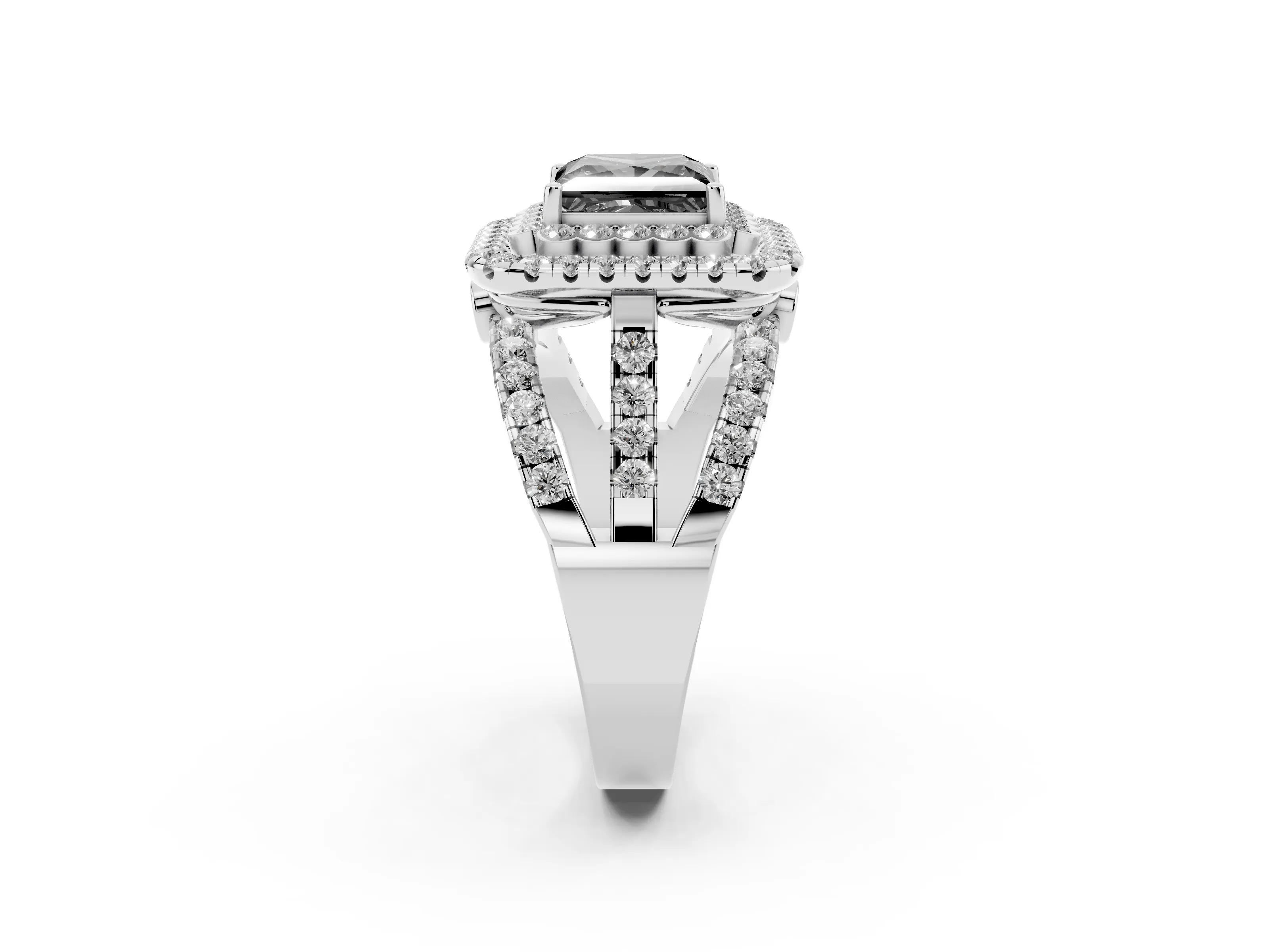 Fancy Black Princess Cut Diamond Double Halo Ring Set in White gold with Round Pavé Split Shank