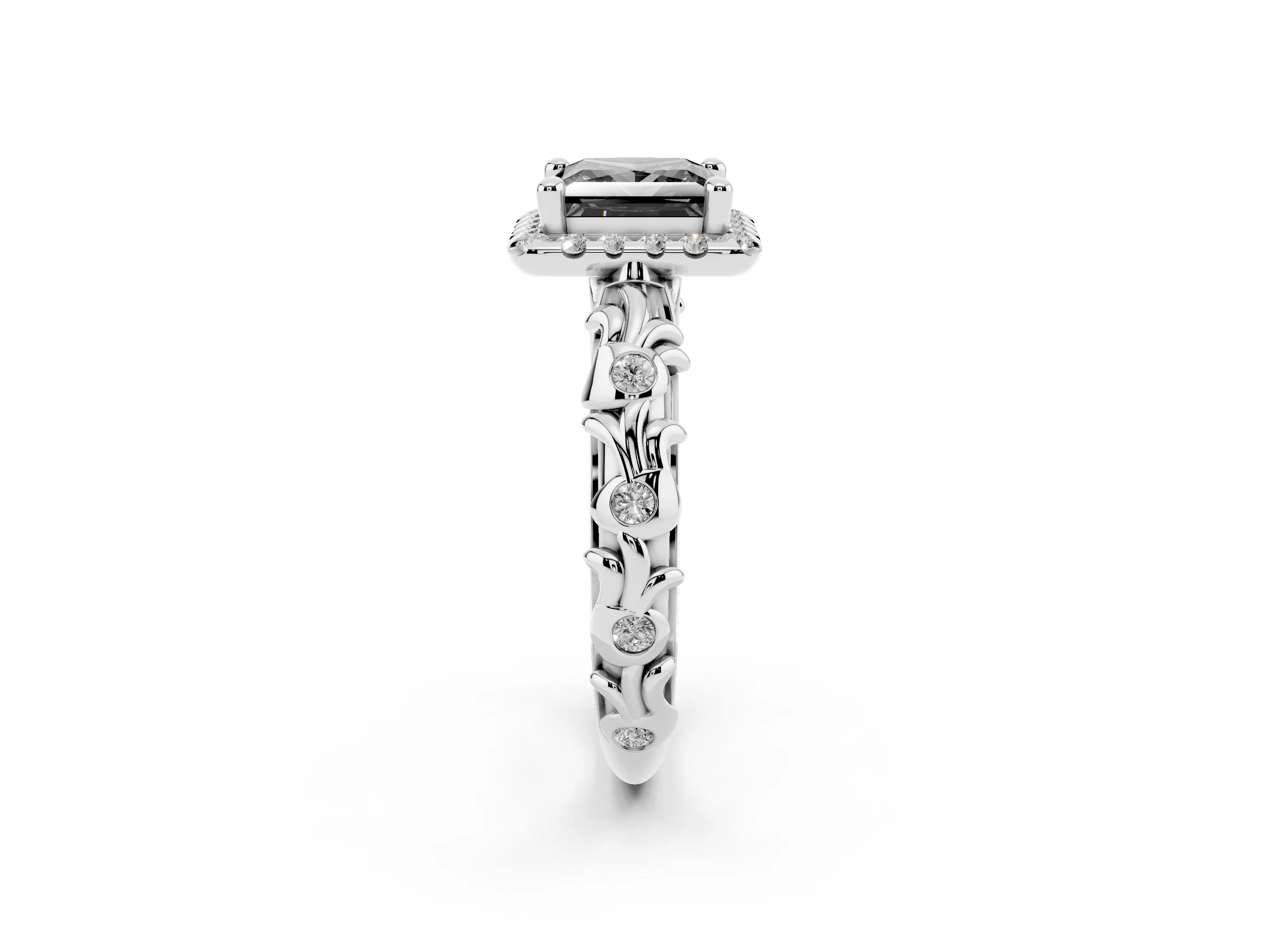 Fancy Black Princess Cut Diamond Halo Ring Set in Silver with Filigree Leaf Band and Prong Setting