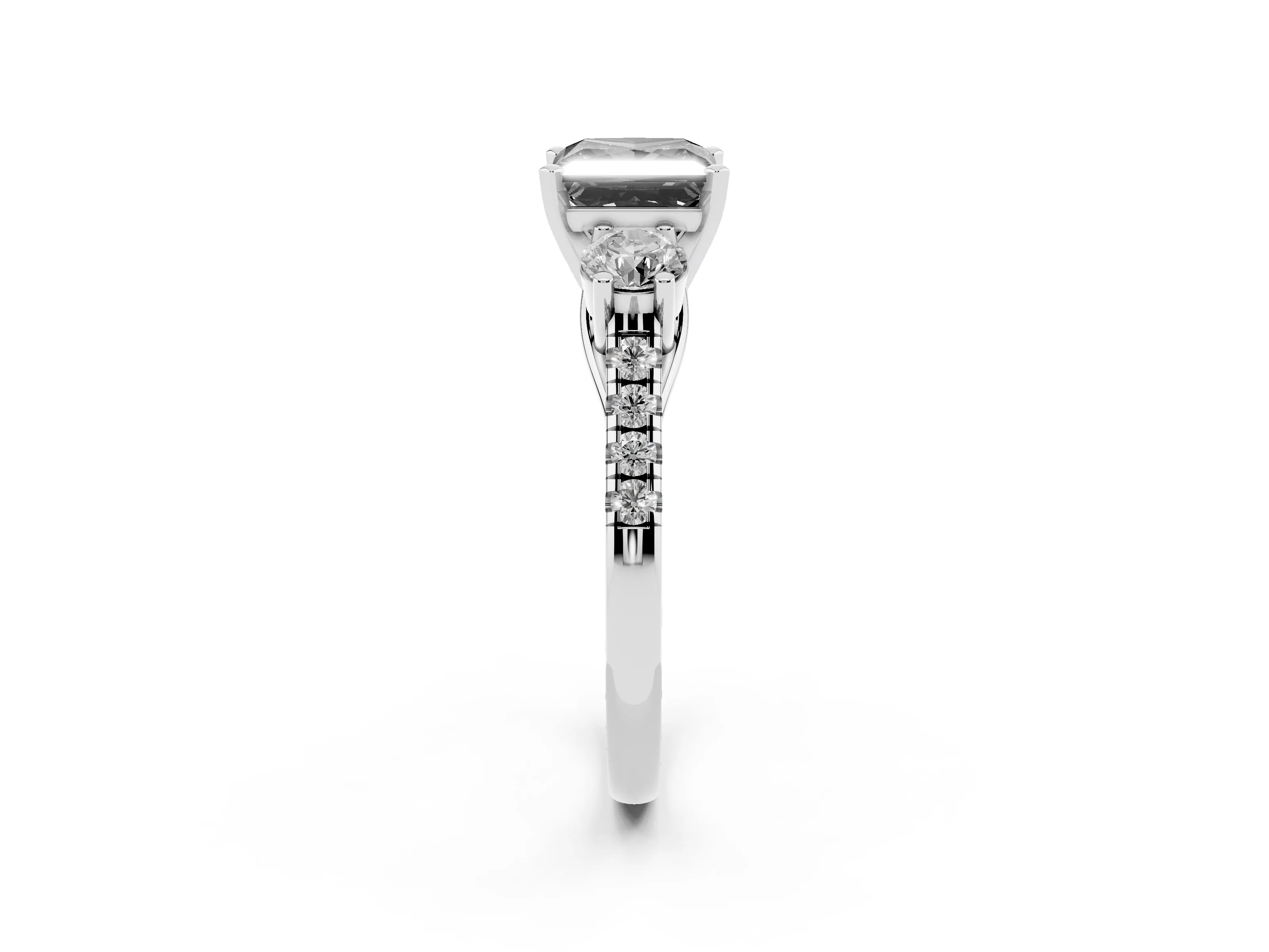 Fancy Black Three-Stone Princess Cut Diamond Pavé Band Ring Set in Platinum with Prong-Set Trio