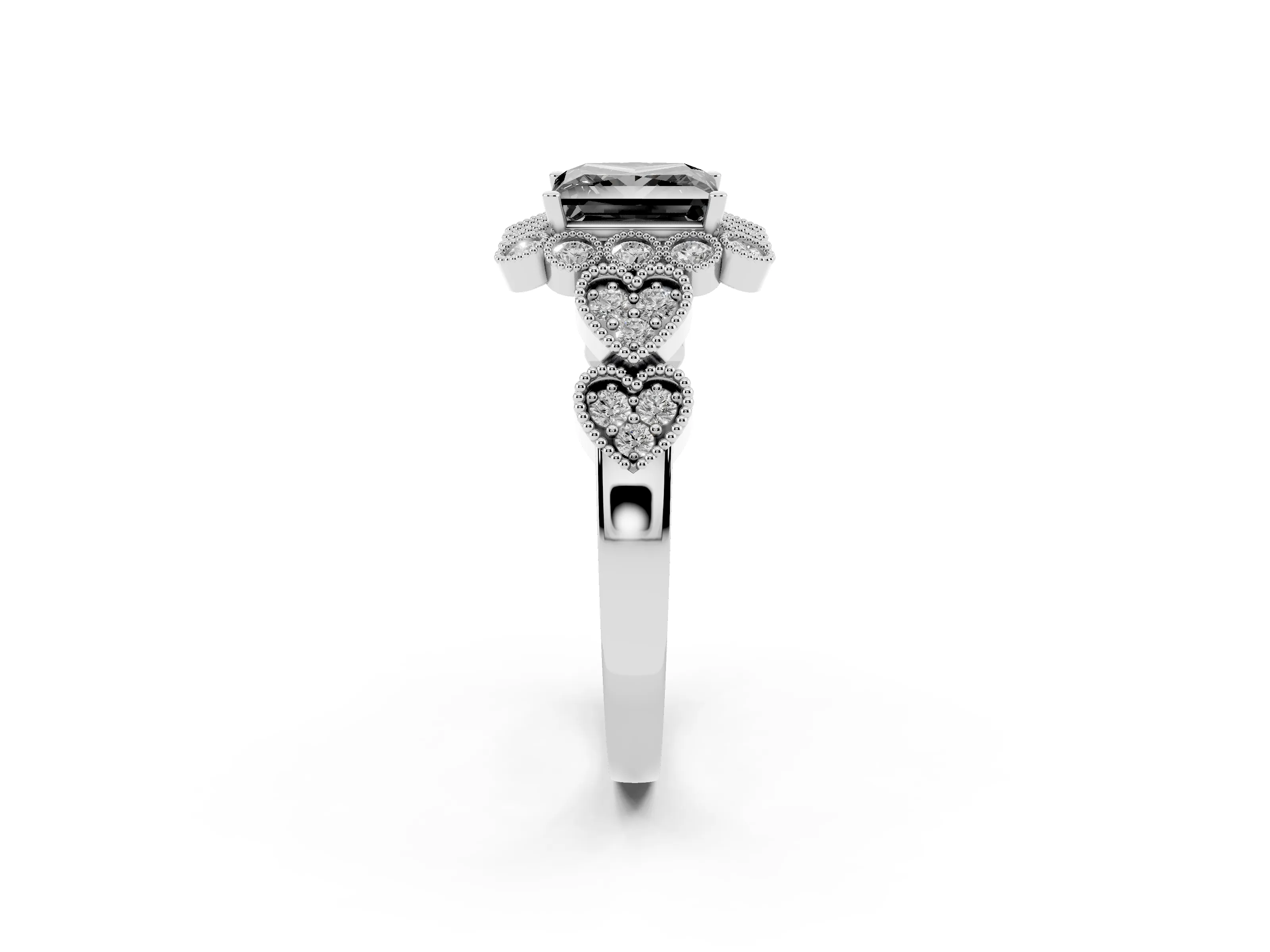 Fancy Black Princess Cut Diamond Solitaire Ring Set in Silver with Milgrain Pavé Heart Band