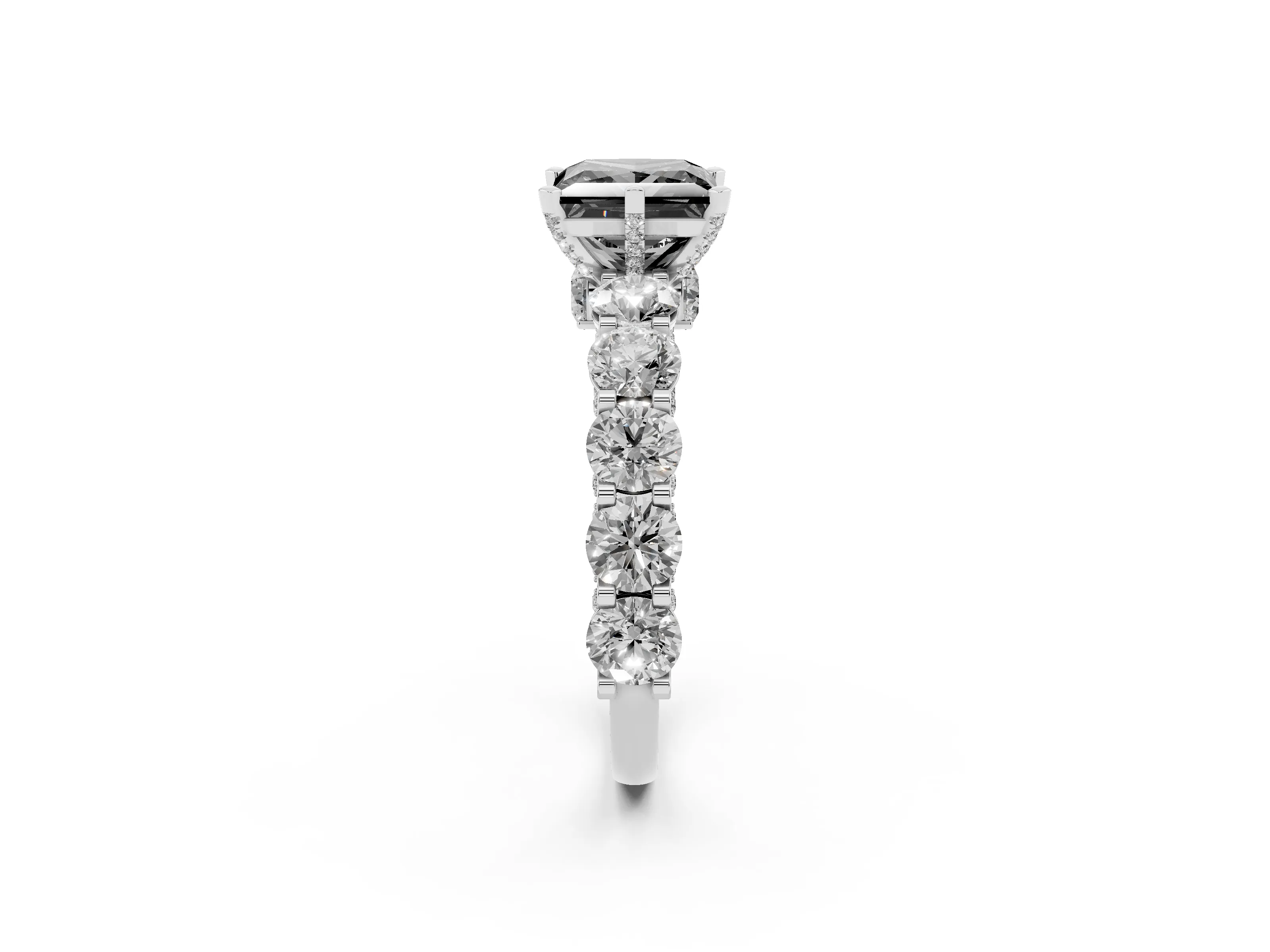 Fancy Black Princess Cut Diamond Side Stone Ring Set in Platinum with Alternating Round and Oval Side Stones