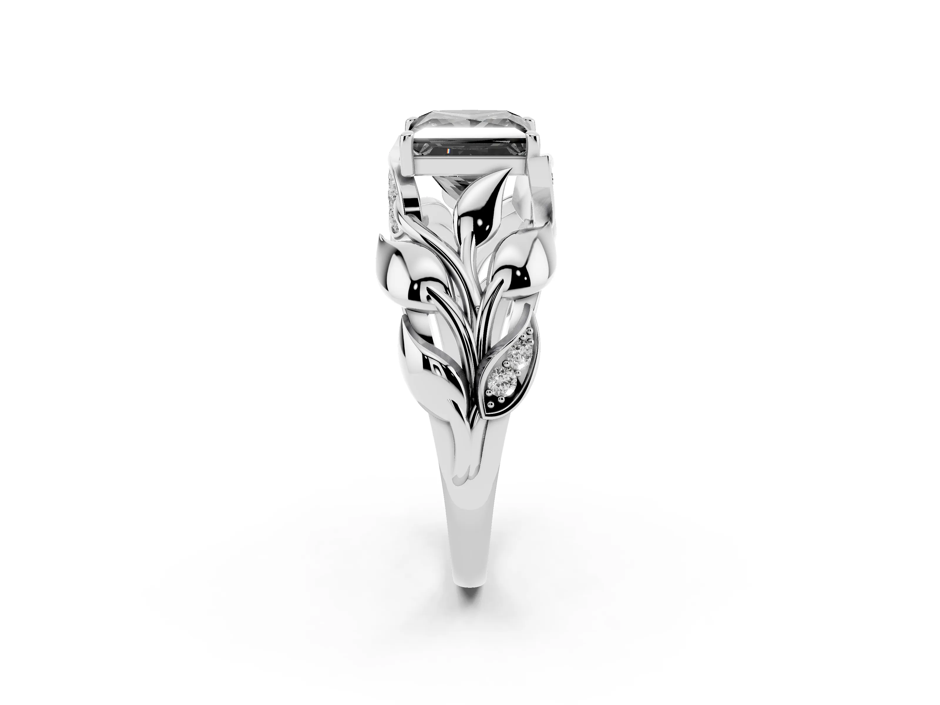 Fancy Black Princess Cut Diamond Leaf-Inspired Engagement Ring Set in White gold with Round Accents