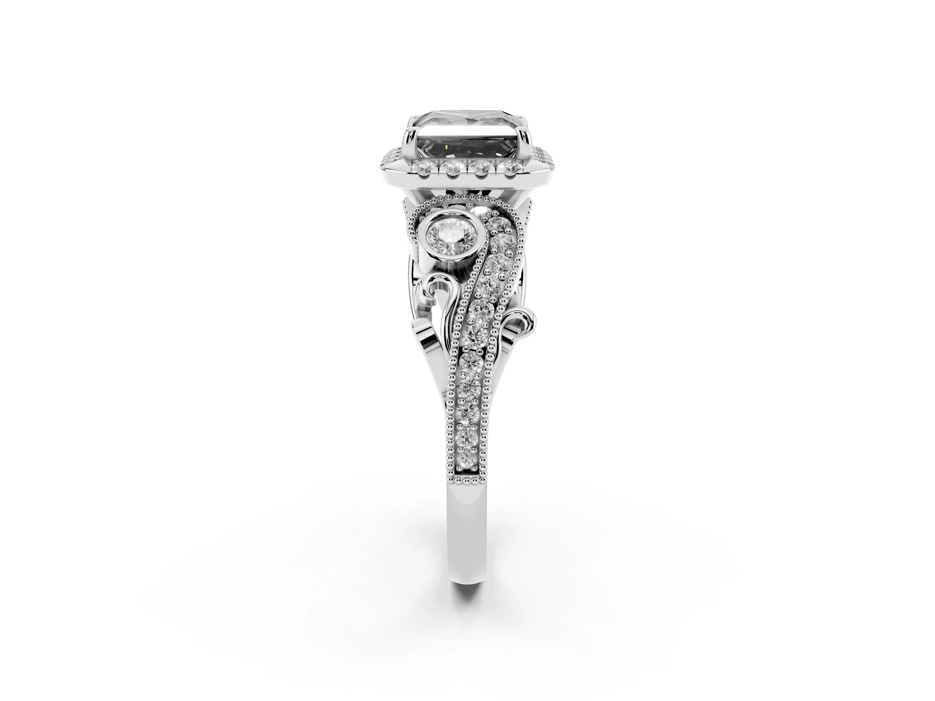 Fancy Black Princess Cut Diamond Halo Split Shank Ring Set in Silver with Milgrain and Bezel Accents