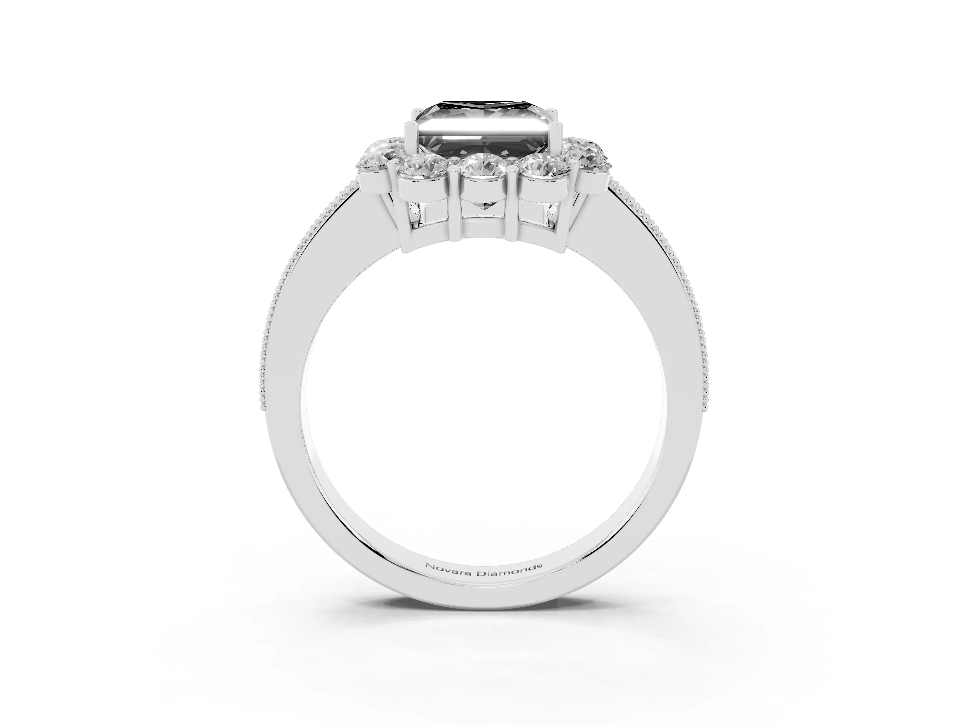 Fancy Black Princess Cut Diamond Halo Pavé Engagement Ring Set in Silver with Milgrain Detailing