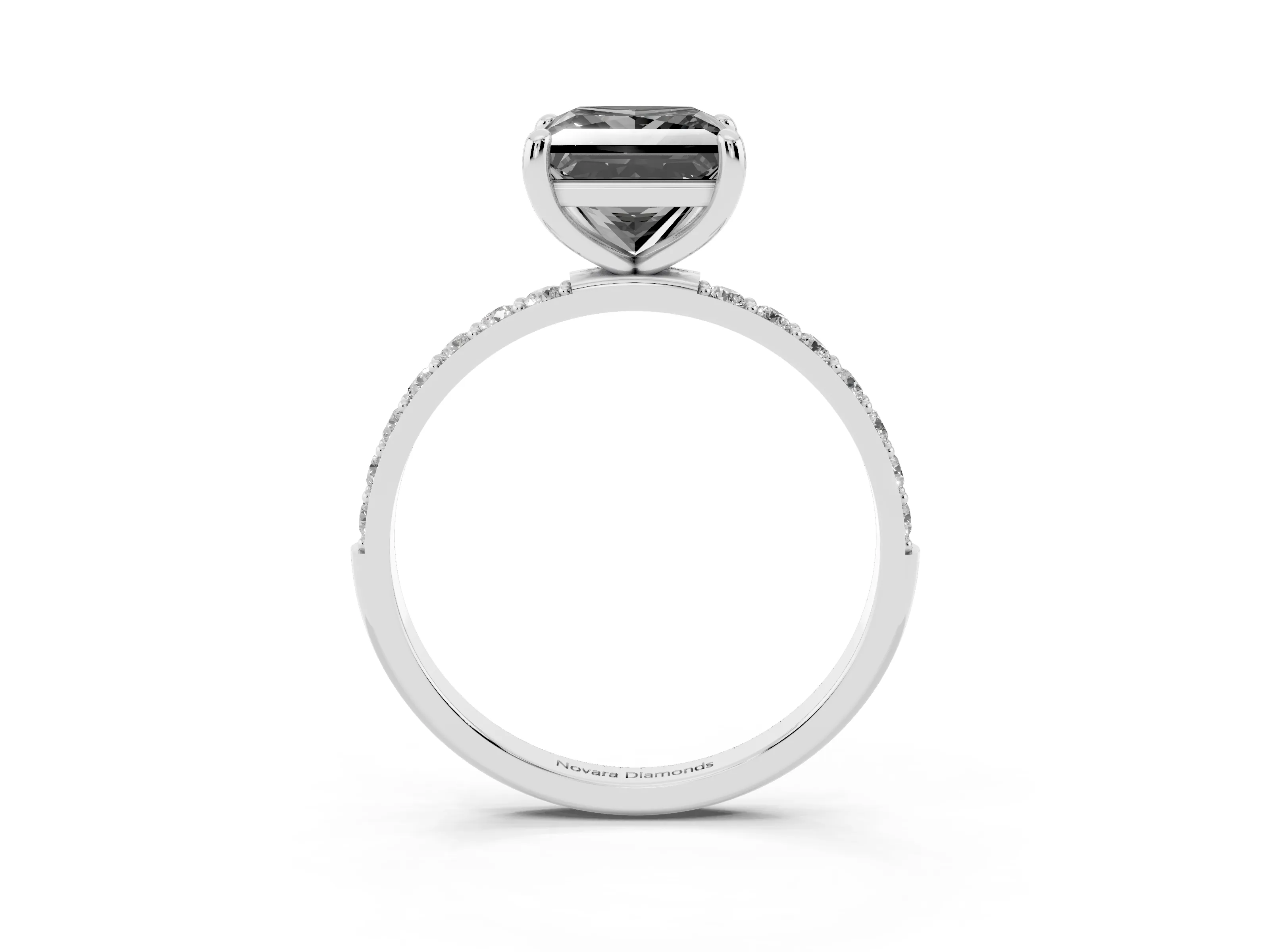 Fancy Black Princess Cut Diamond Solitaire Ring Set in White gold with Round Pavé Band and Prong Setting