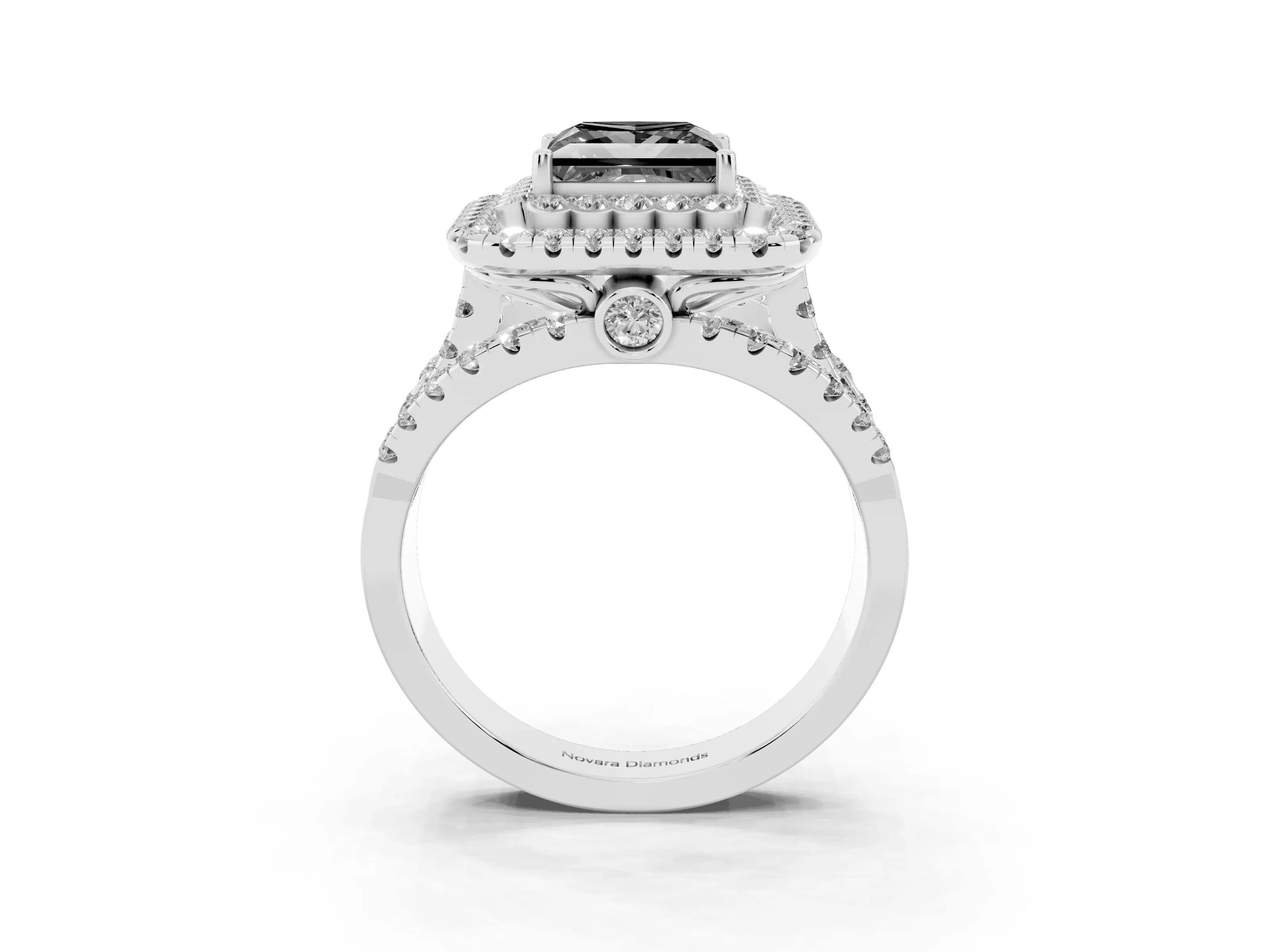 Fancy Black Princess Cut Diamond Double Halo Ring Set in White gold with Round Pavé Split Shank