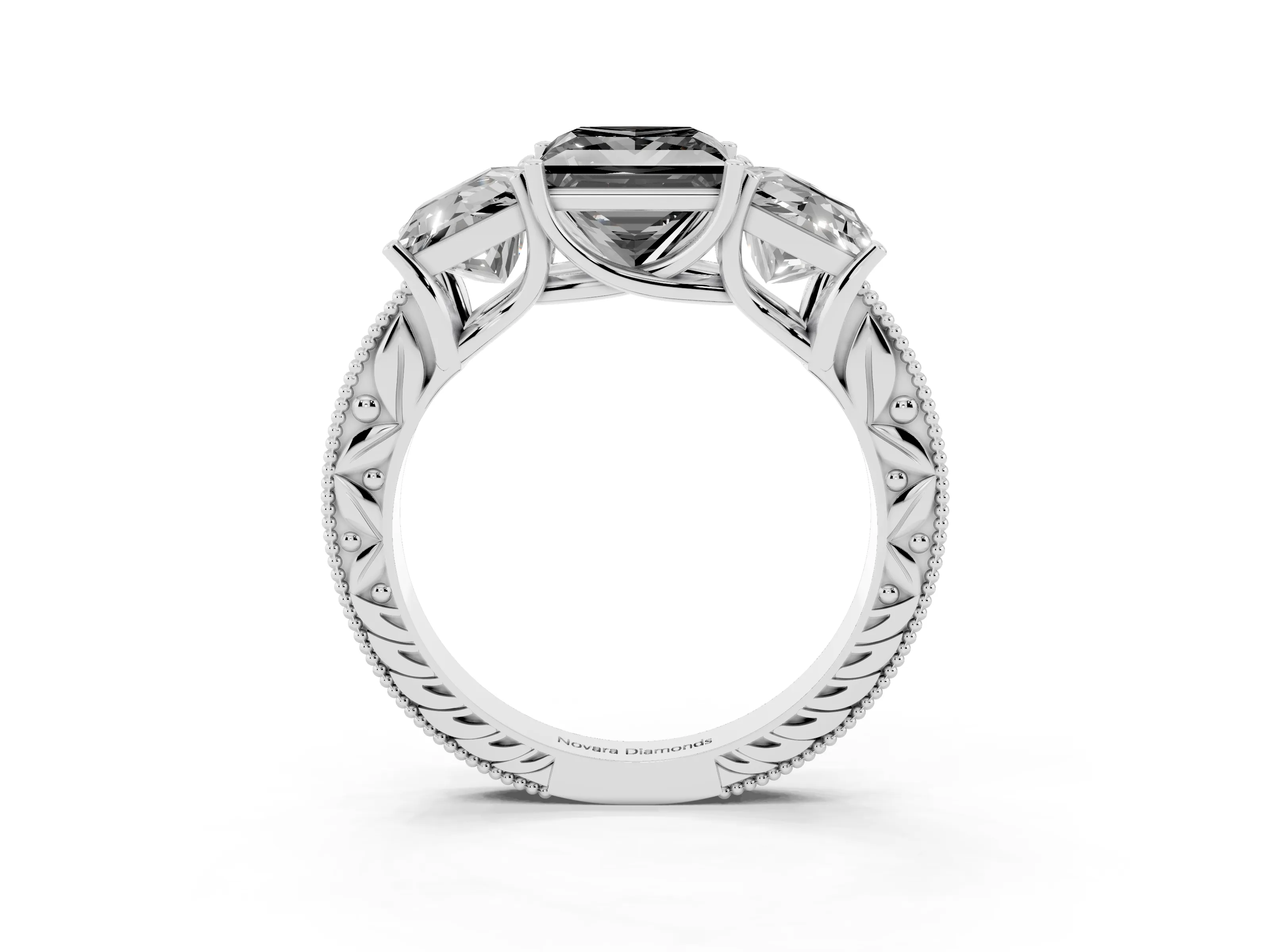 Fancy Black Princess Cut Diamond Three-Stone Engagement Ring Set in Platinum with Milgrain Pavé Band