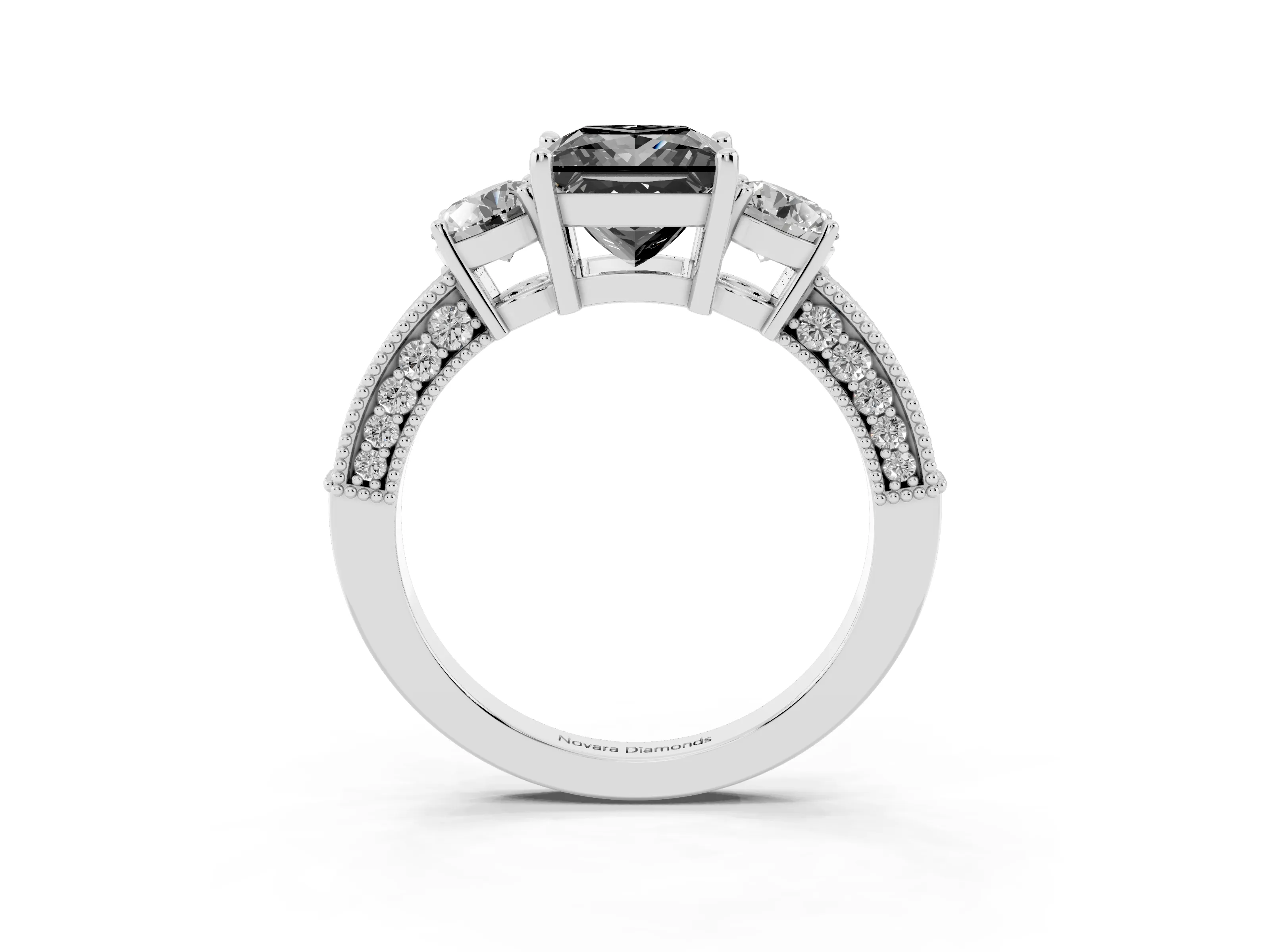 Fancy Black Princess Cut Diamond Three-Stone Ring Set in White gold with Round Side Stones and Pavé Band
