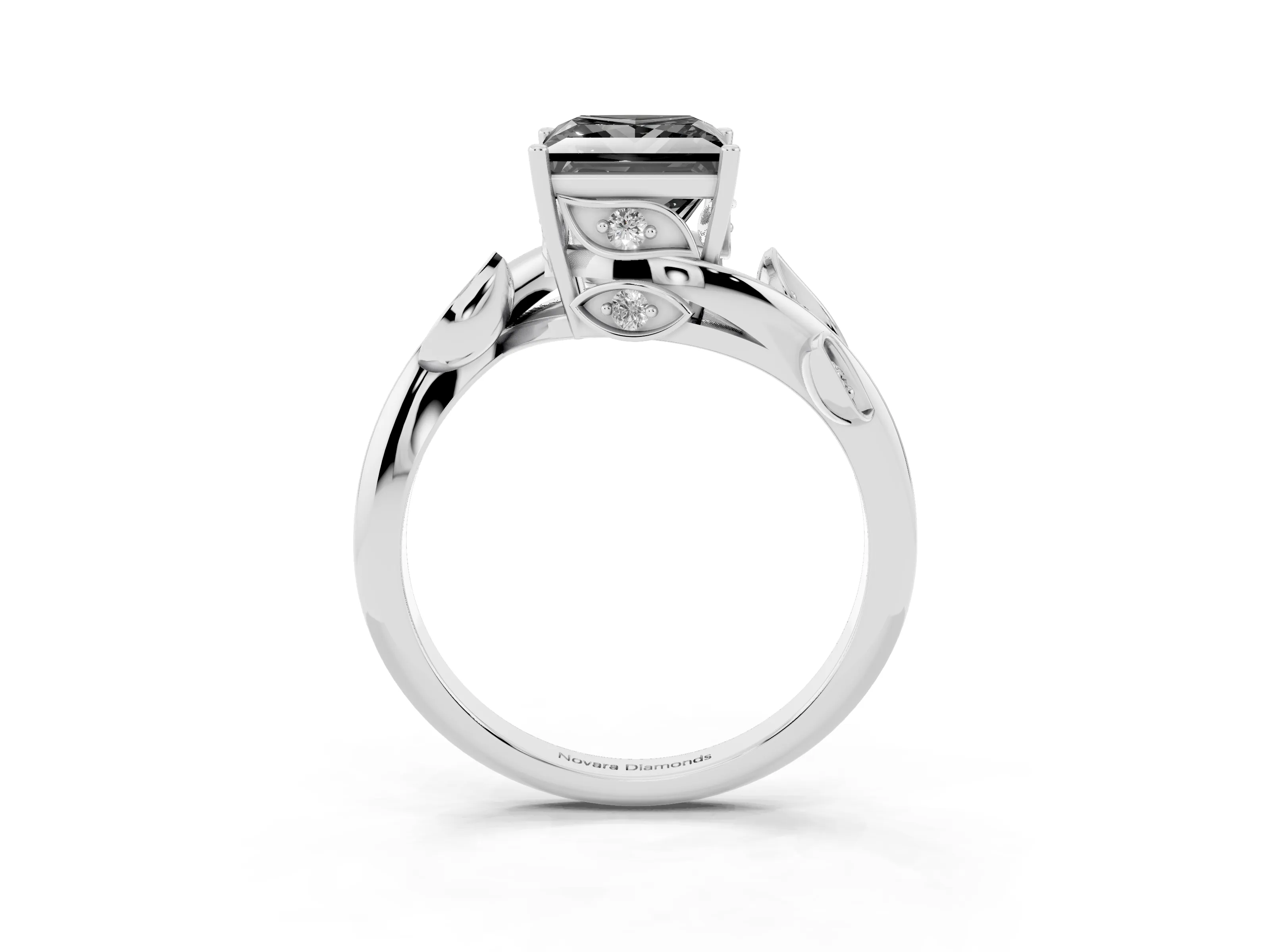 Fancy Black Princess Cut Diamond Solitaire Twist Engagement Ring Set in Silver with Pavé Leaf Accents
