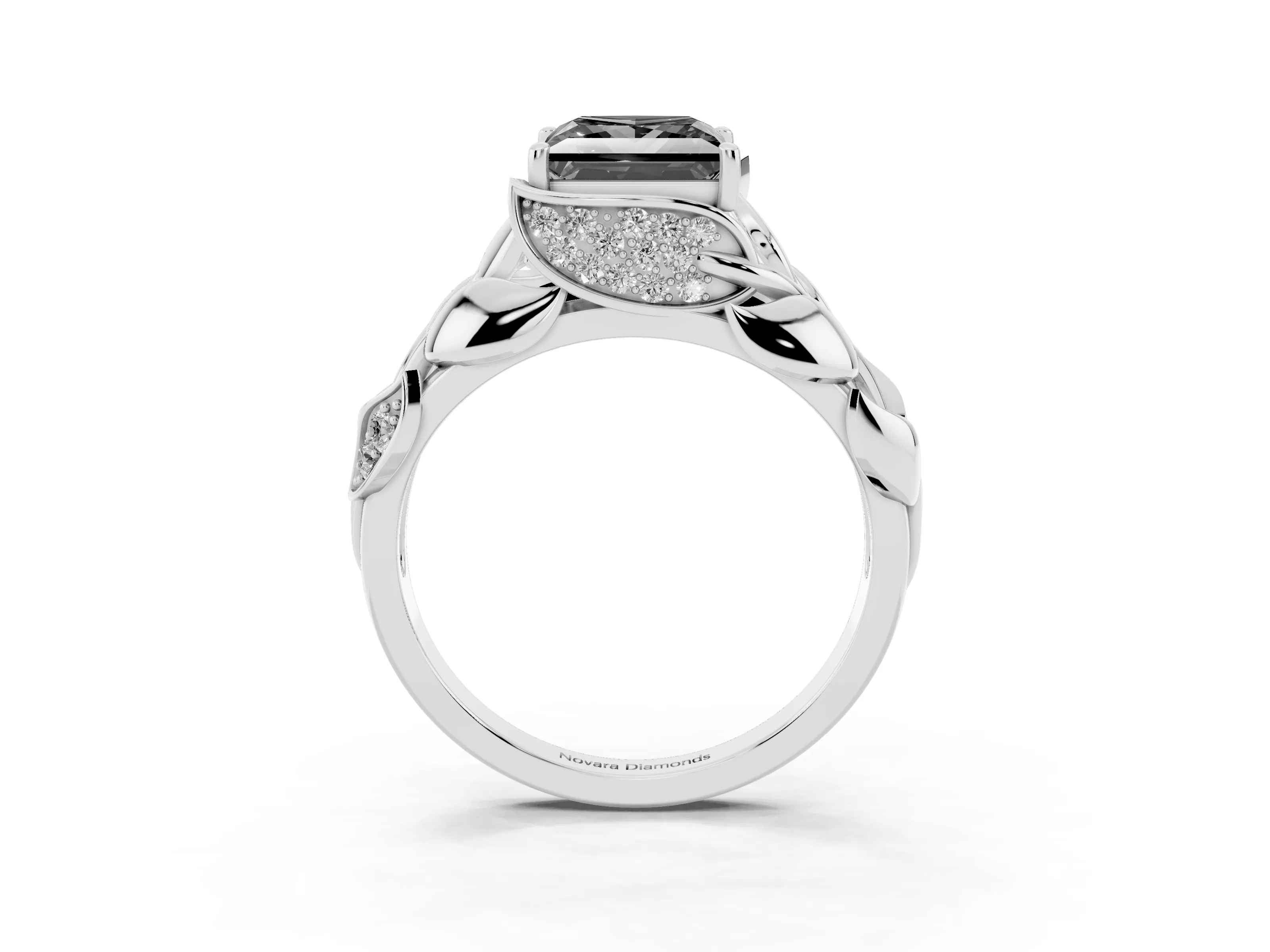 Fancy Black Princess Cut Diamond Leaf-Inspired Engagement Ring Set in White gold with Round Accents