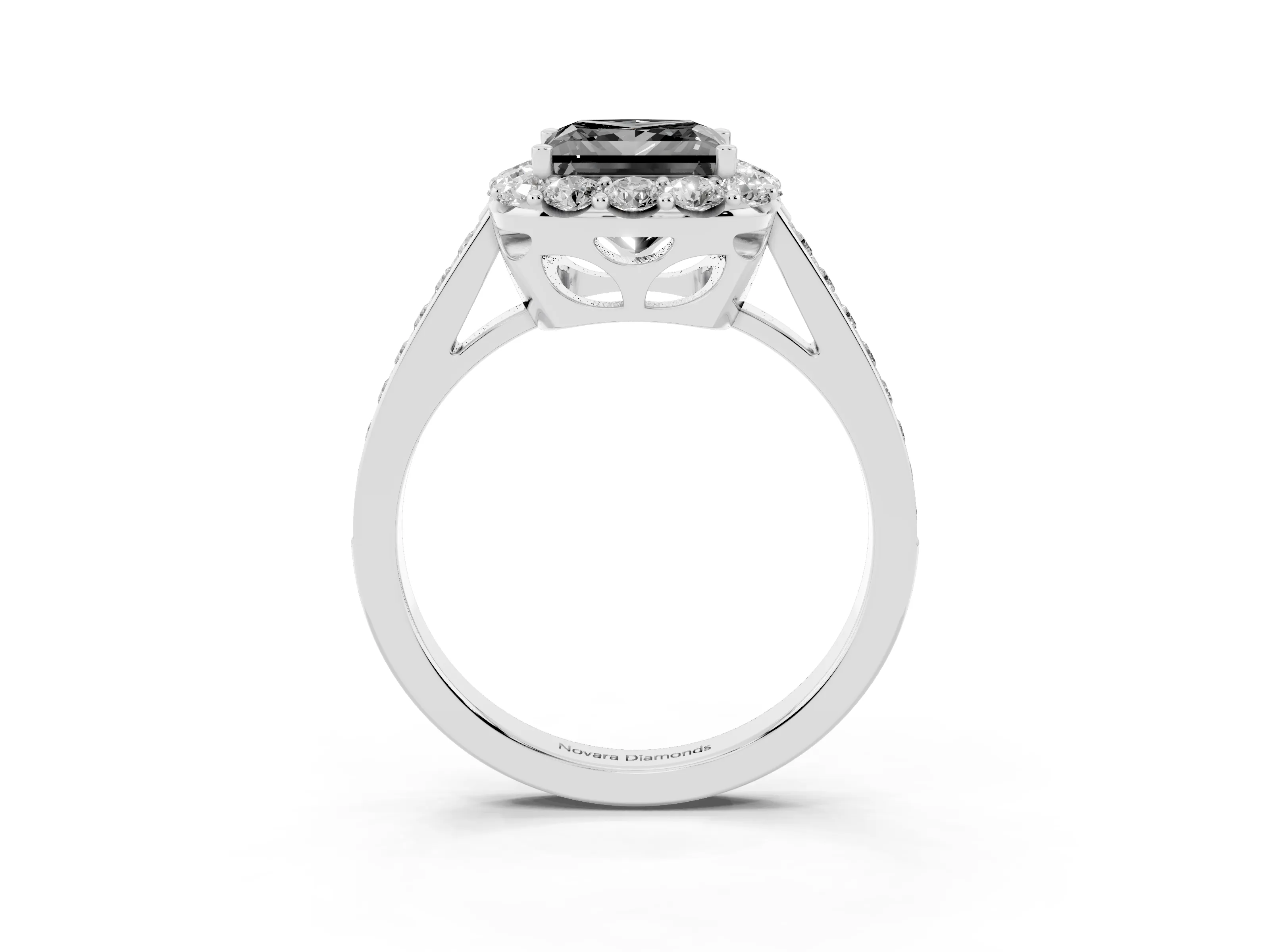 Fancy Black Princess Cut Diamond Floral Halo Ring Set in Platinum with Pavé Band and Prong Setting