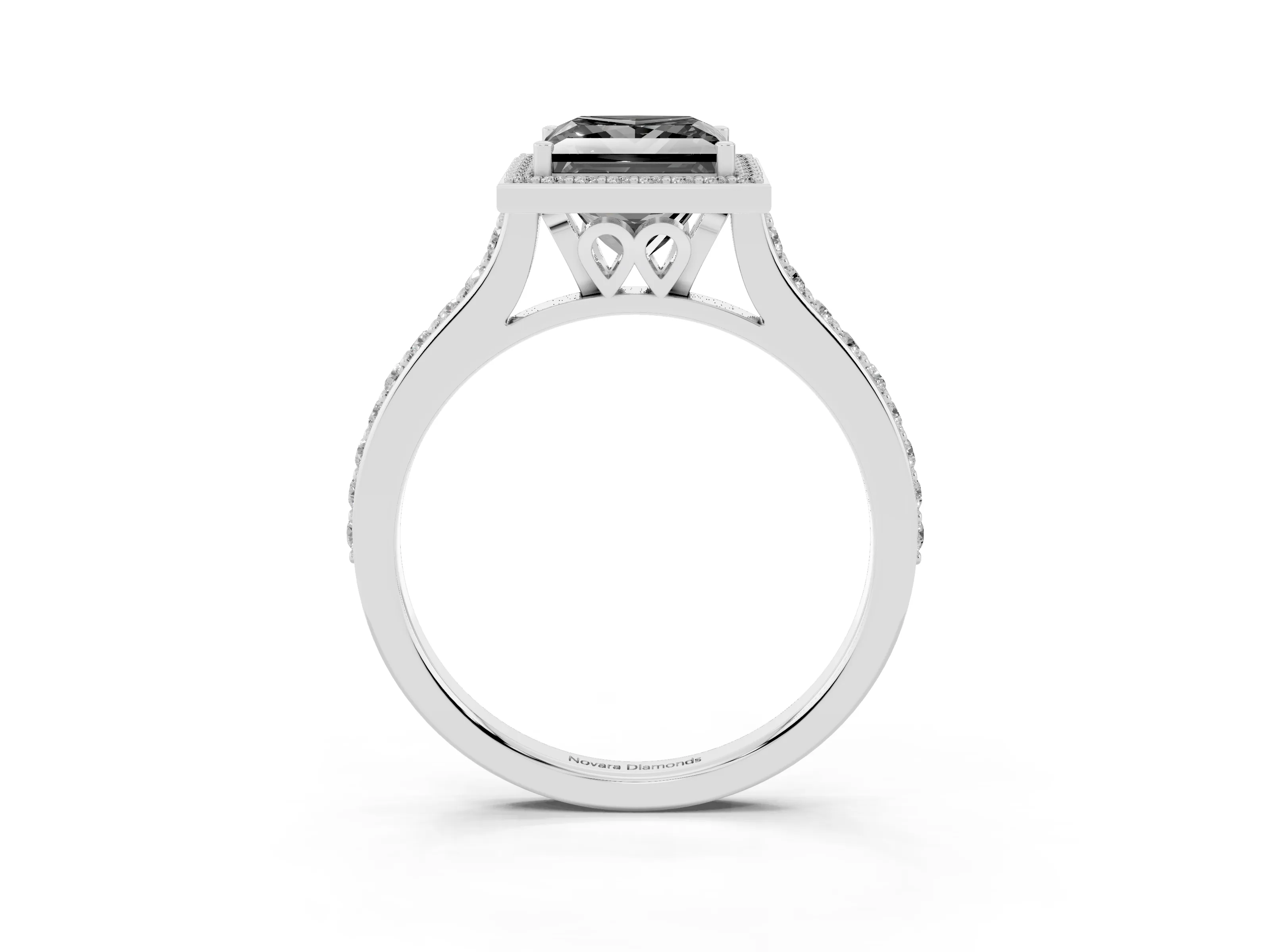 Fancy Black Princess Cut Diamond Halo Engagement Ring Set in Silver with Round Pavé Shoulders and Heart Gallery