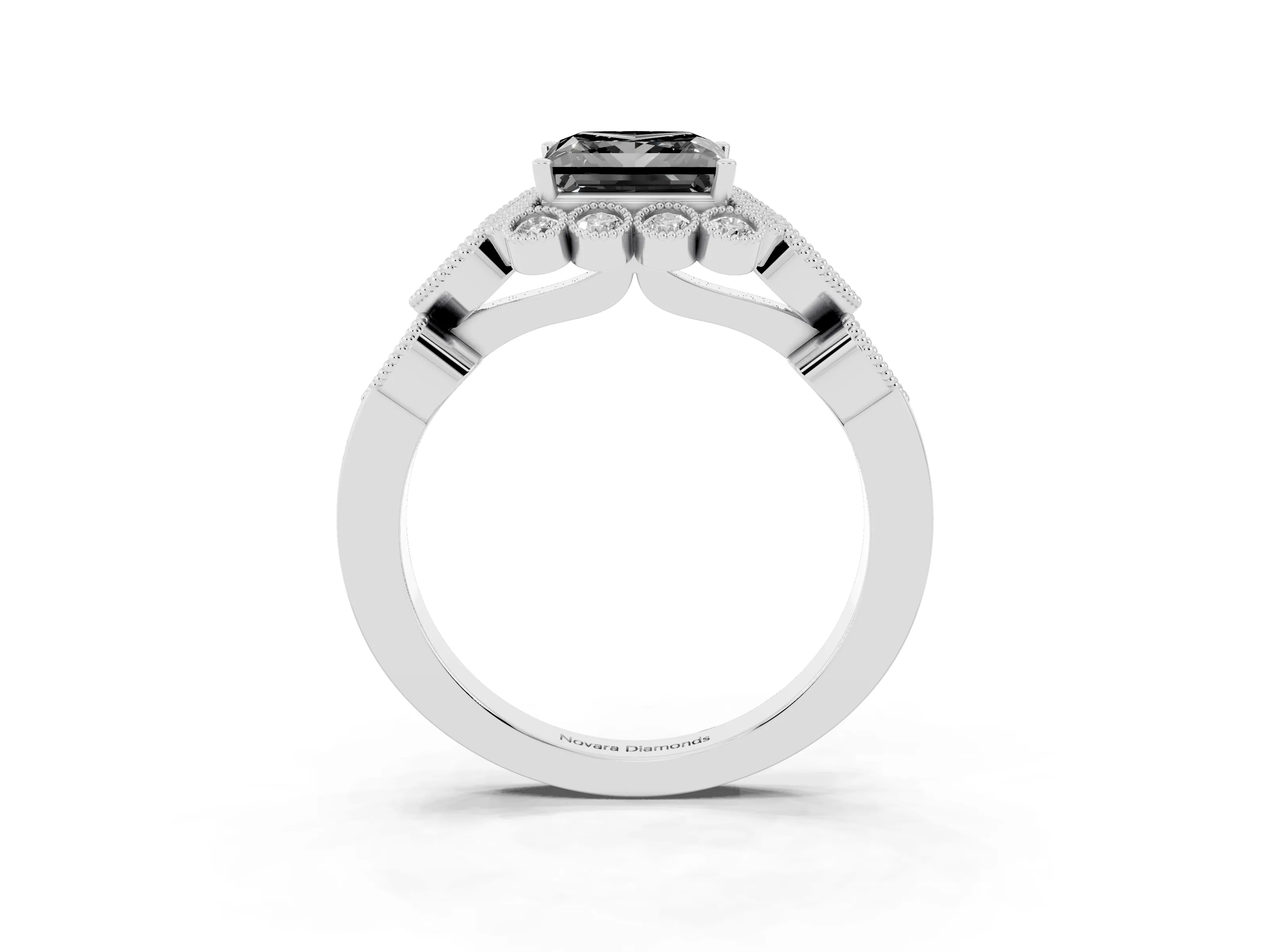 Fancy Black Princess Cut Diamond Solitaire Ring Set in Silver with Milgrain Pavé Heart Band