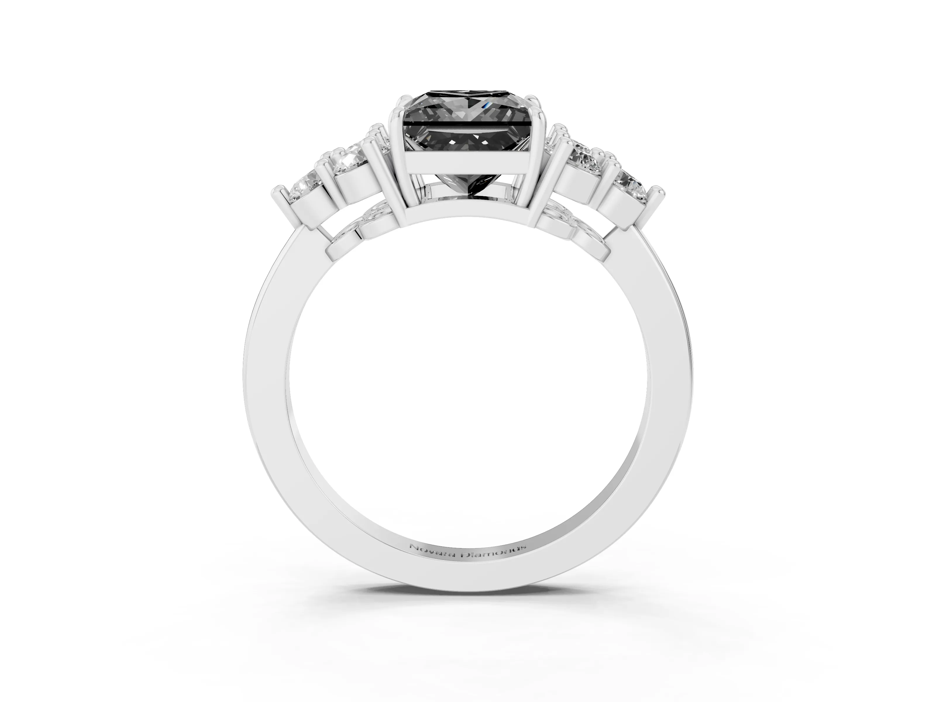 Fancy Black Princess Cut Diamond Solitaire Ring Set in Silver with Cluster Accents on Each Side