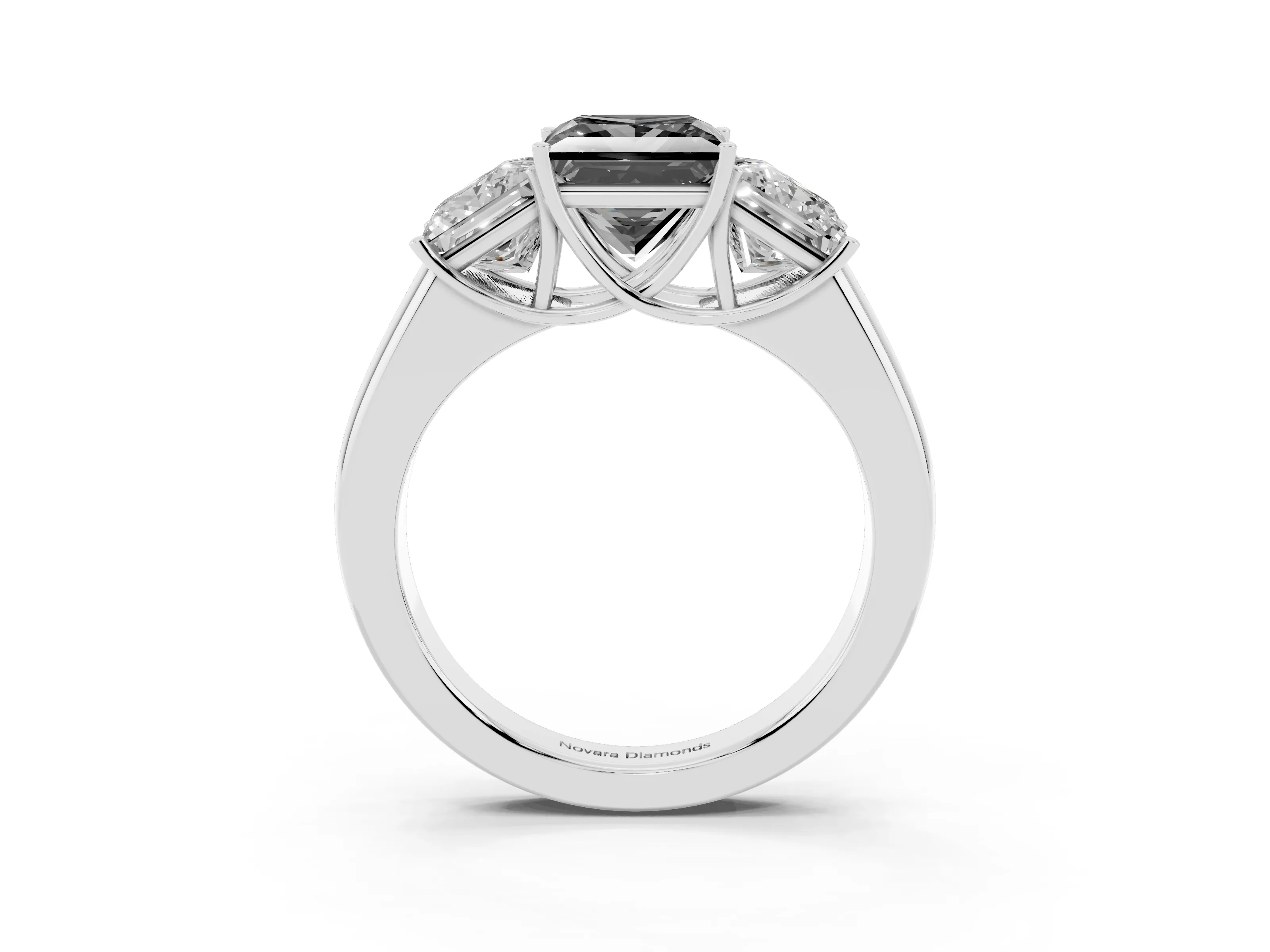 Fancy Black Three-Stone Princess Cut Diamond Ring Set in White gold with Matching Prong Settings and Plain Band