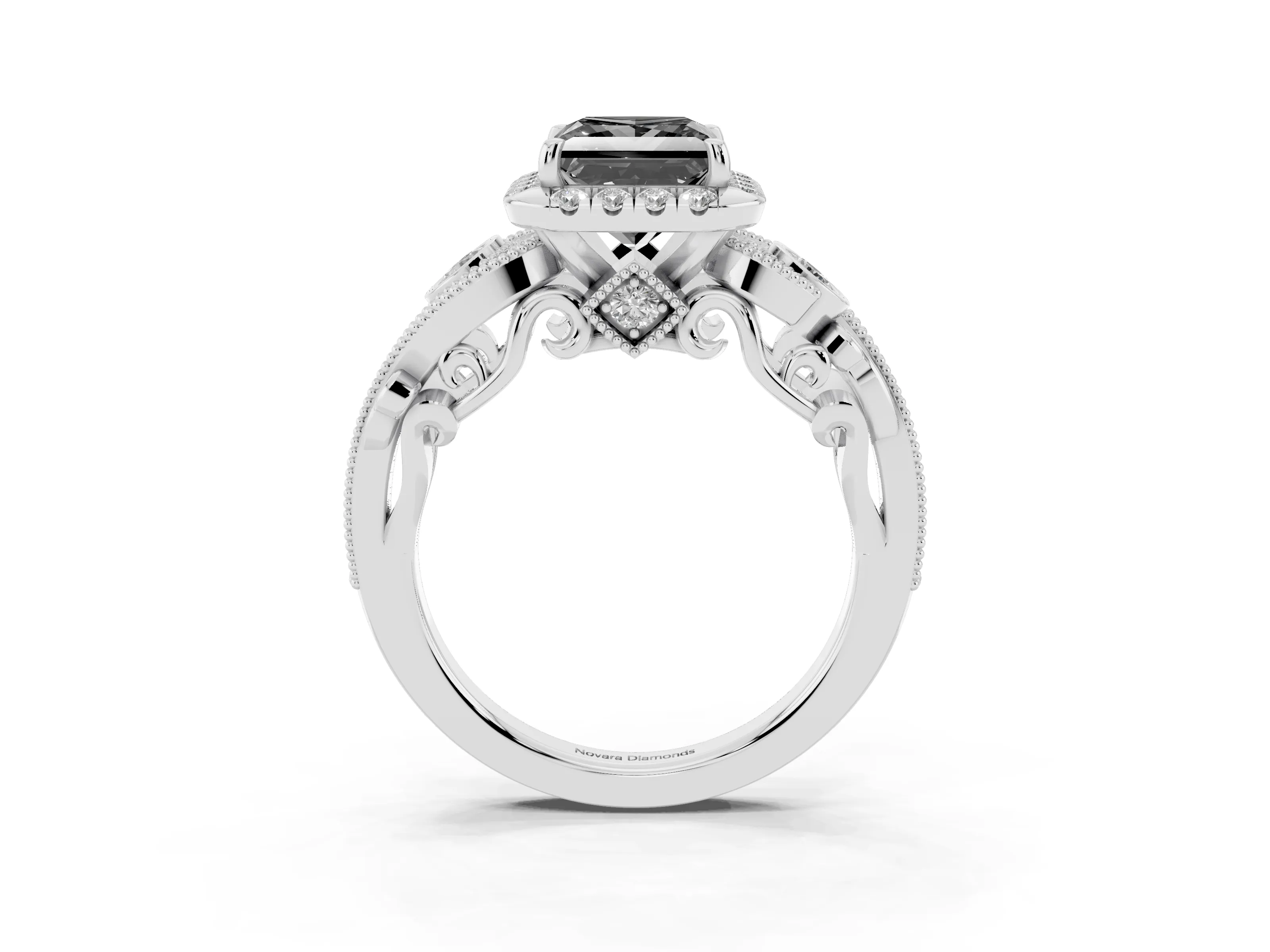 Fancy Black Princess Cut Diamond Halo Split Shank Ring Set in Silver with Milgrain and Bezel Accents