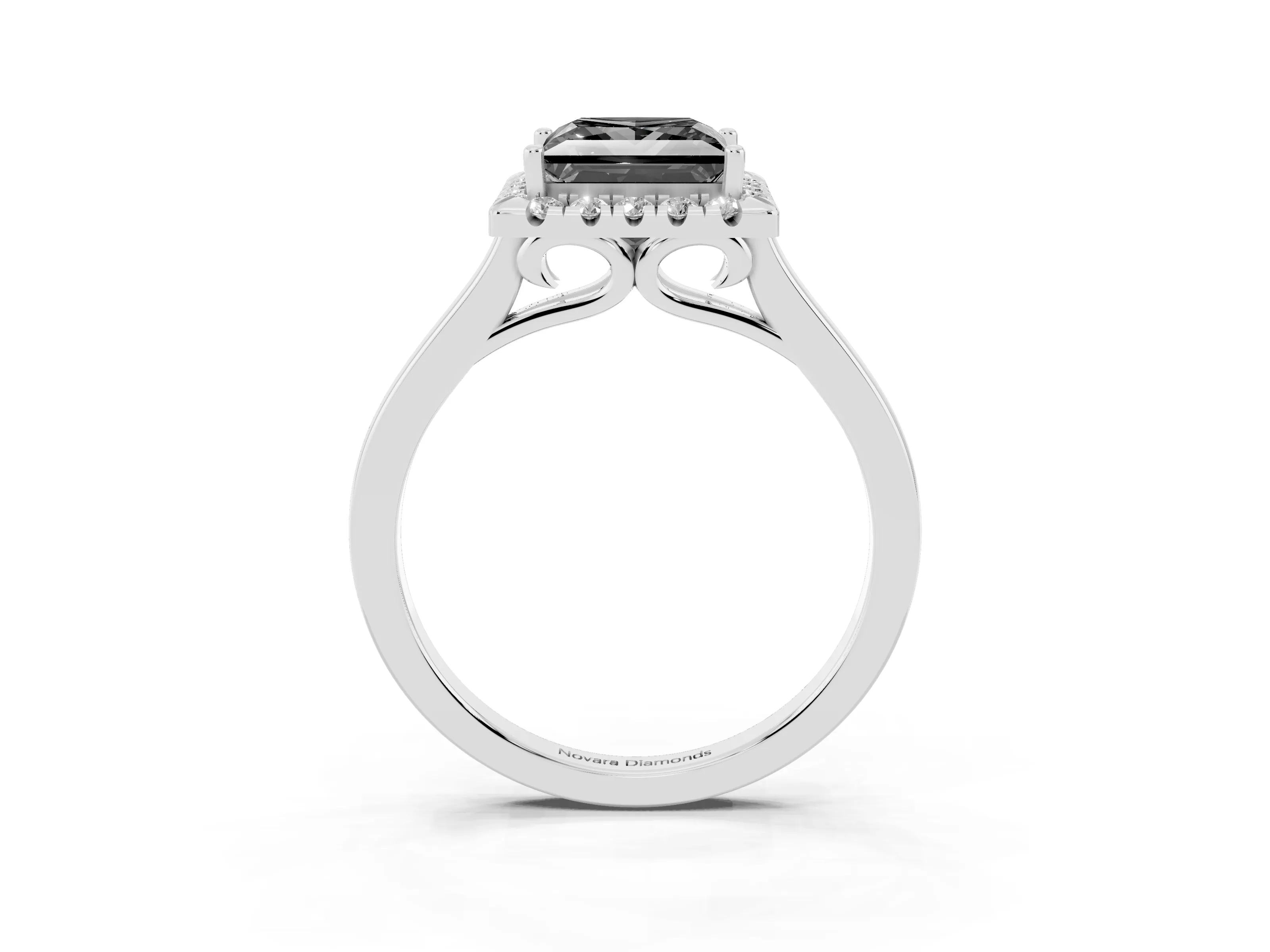 Fancy Black Princess Cut Halo Round Diamond Solitaire Ring Set in Platinum with Pavé Band and Prong Setting