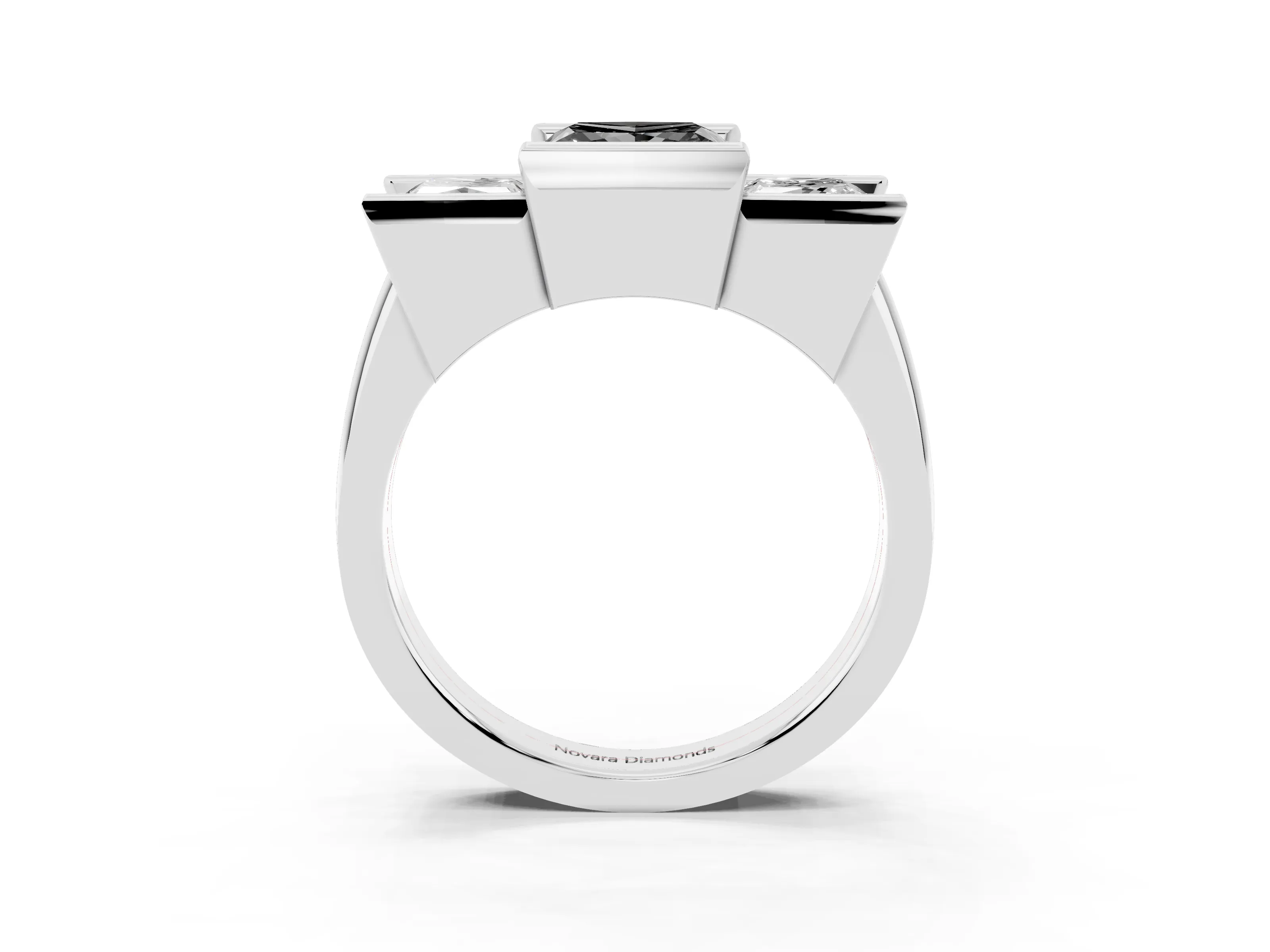 Fancy Black Princess Cut Diamond Three-Stone Channel Set Ring Set in Platinum with Smooth Polished Band