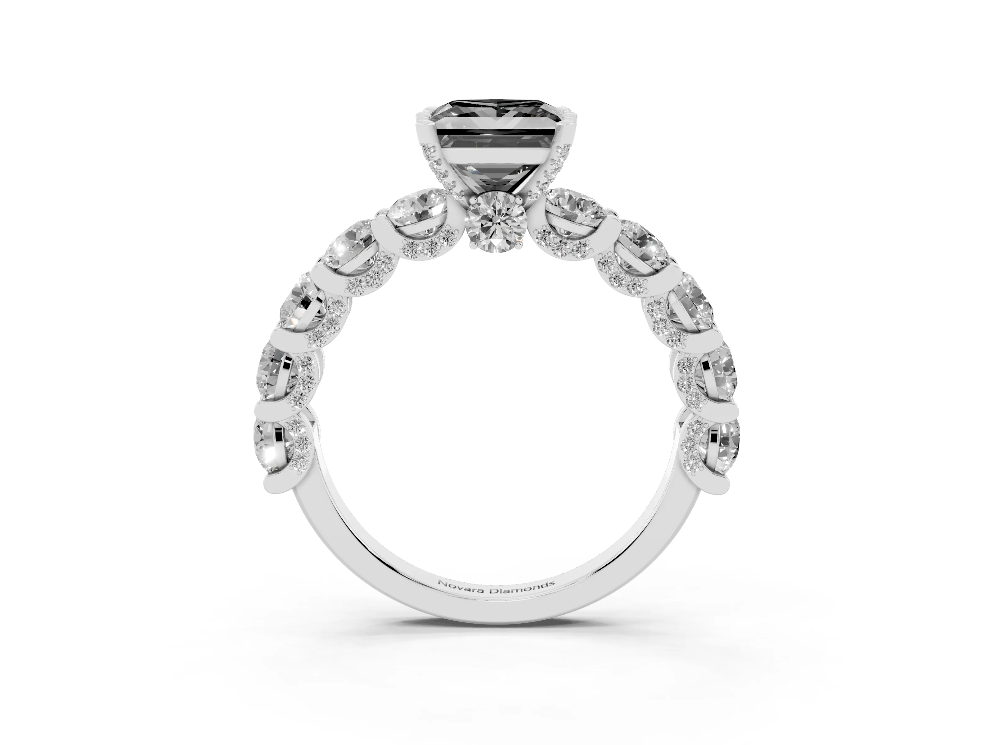 Fancy Black Princess Cut Diamond Side Stone Ring Set in Platinum with Alternating Round and Oval Side Stones