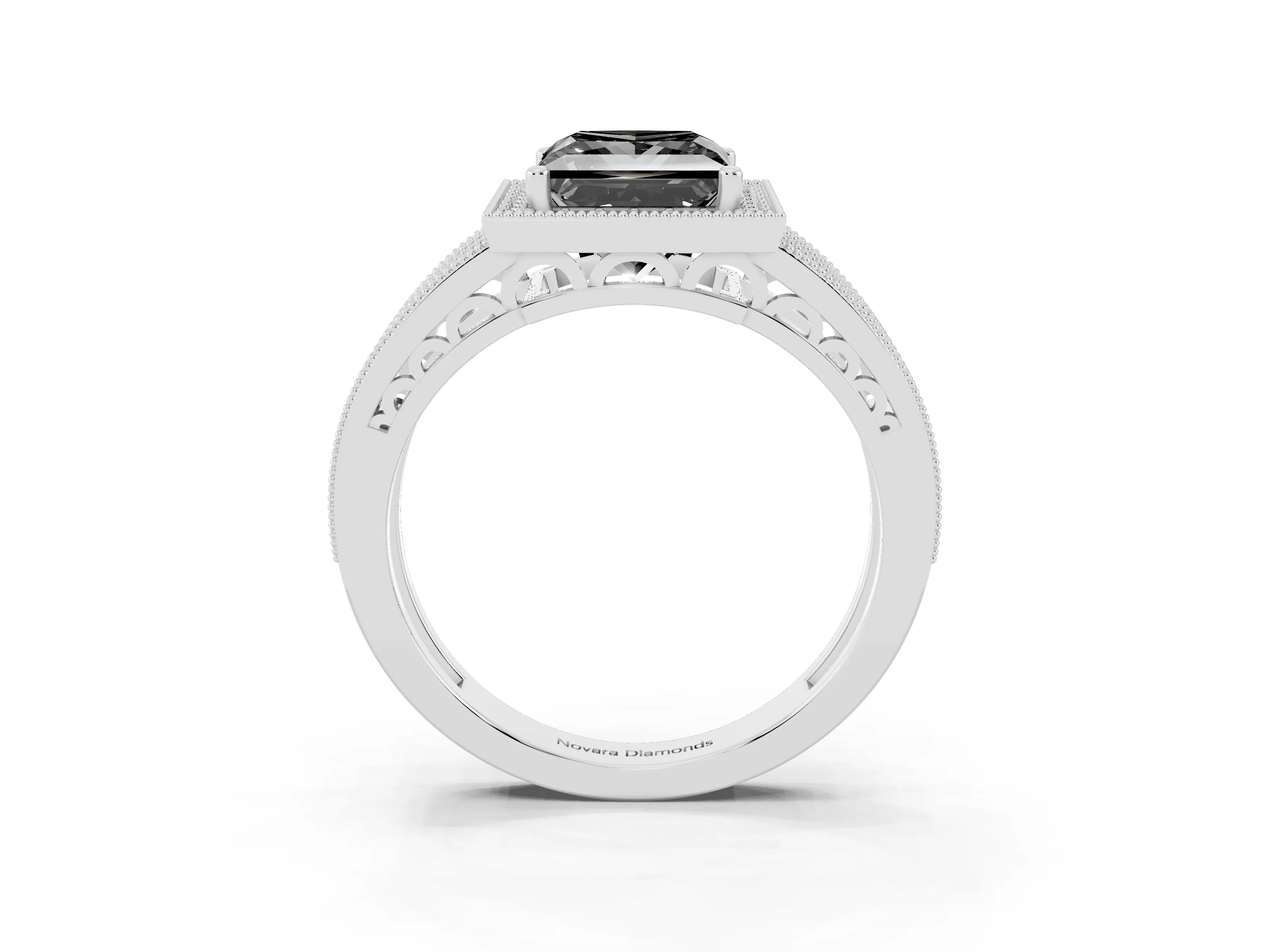 Fancy Black Princess Cut Diamond Halo Ring Set in White gold with Accent Split Shank and Prong Setting