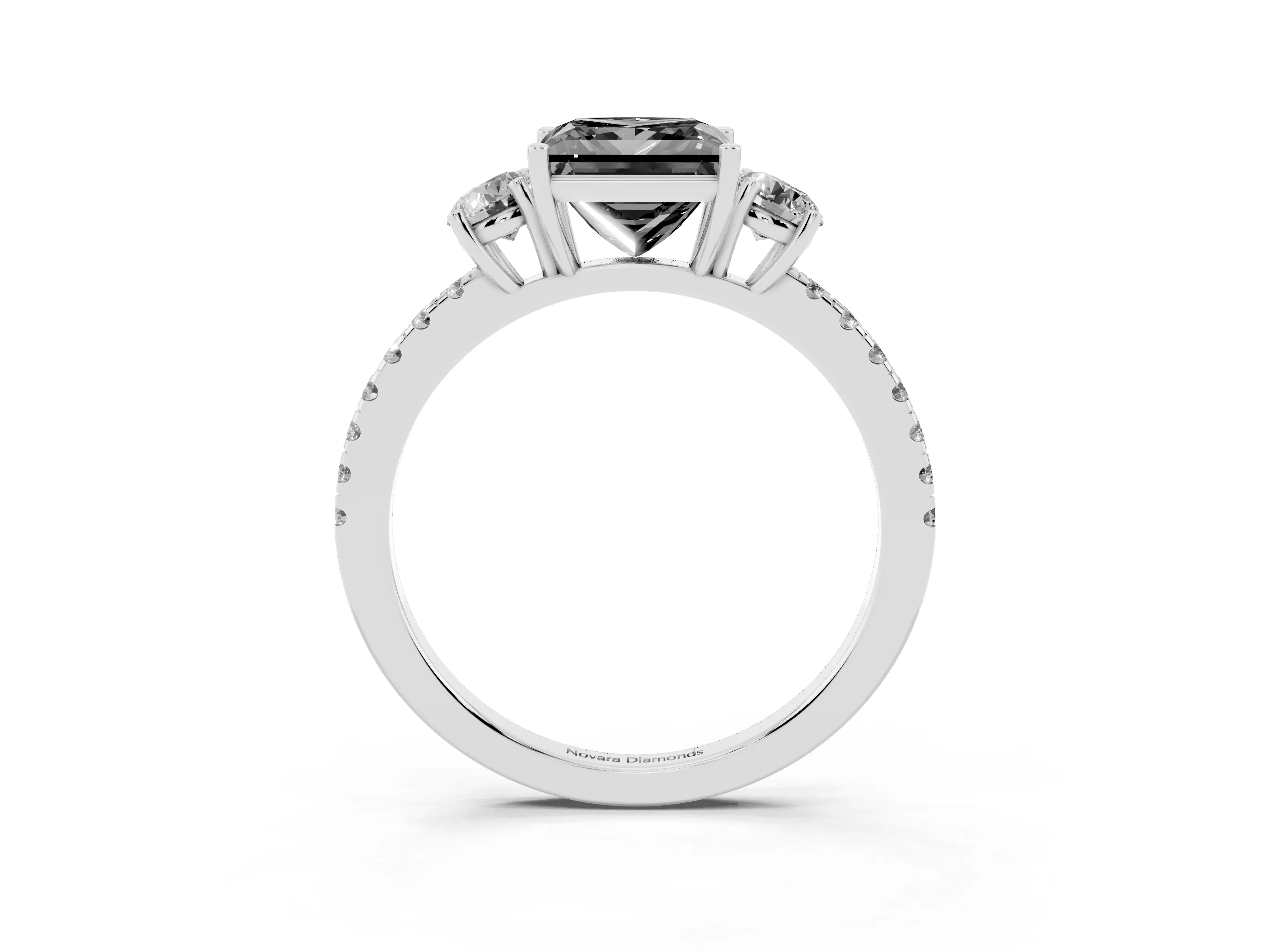 Fancy Black Princess Cut Diamond Three-Stone Ring Set in White gold with Pavé Band and Graduated Sides