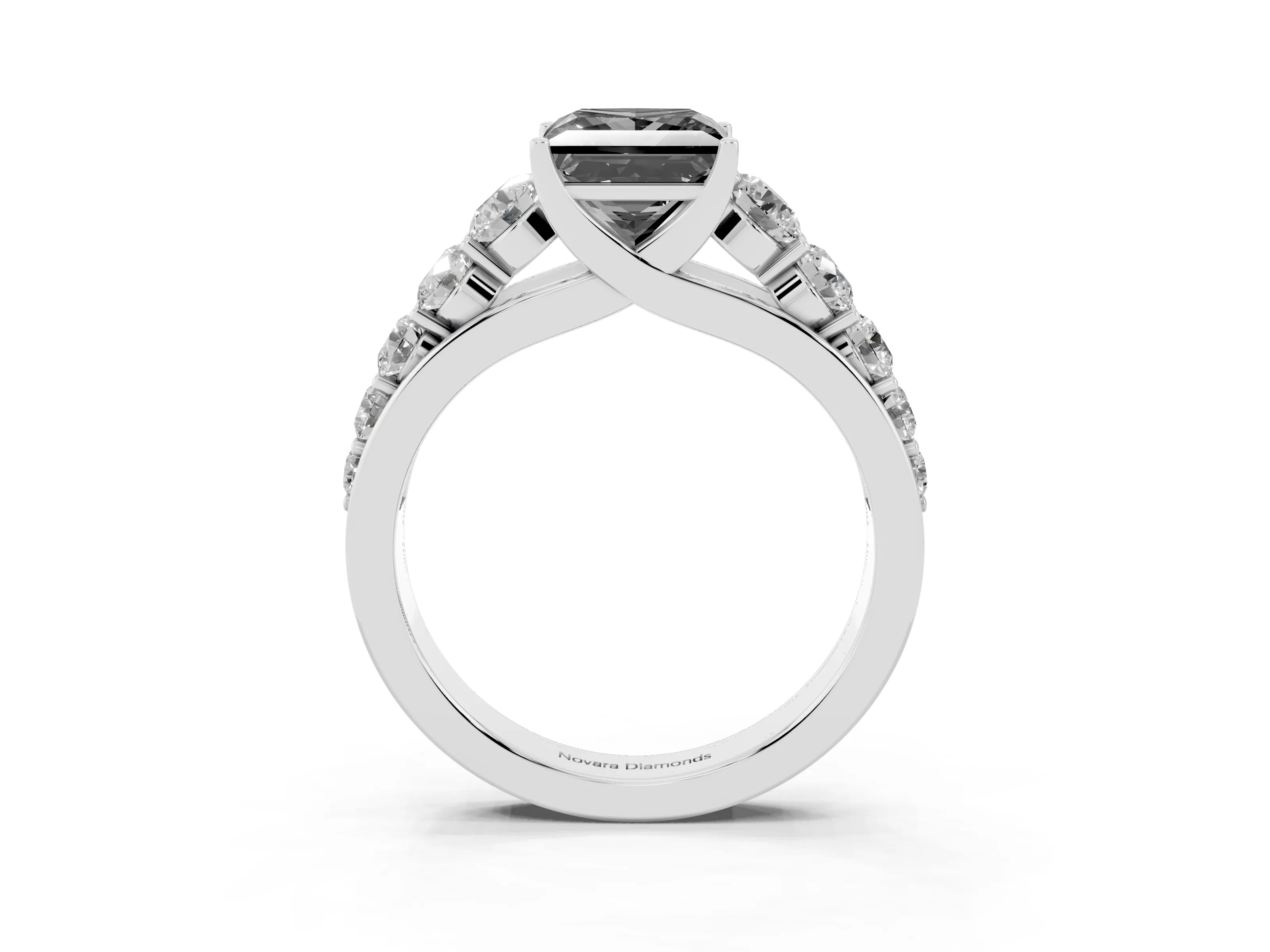 Fancy Black Princess Cut Diamond Solitaire Ring Set in Platinum with Pavé-Set Band and Prong Setting