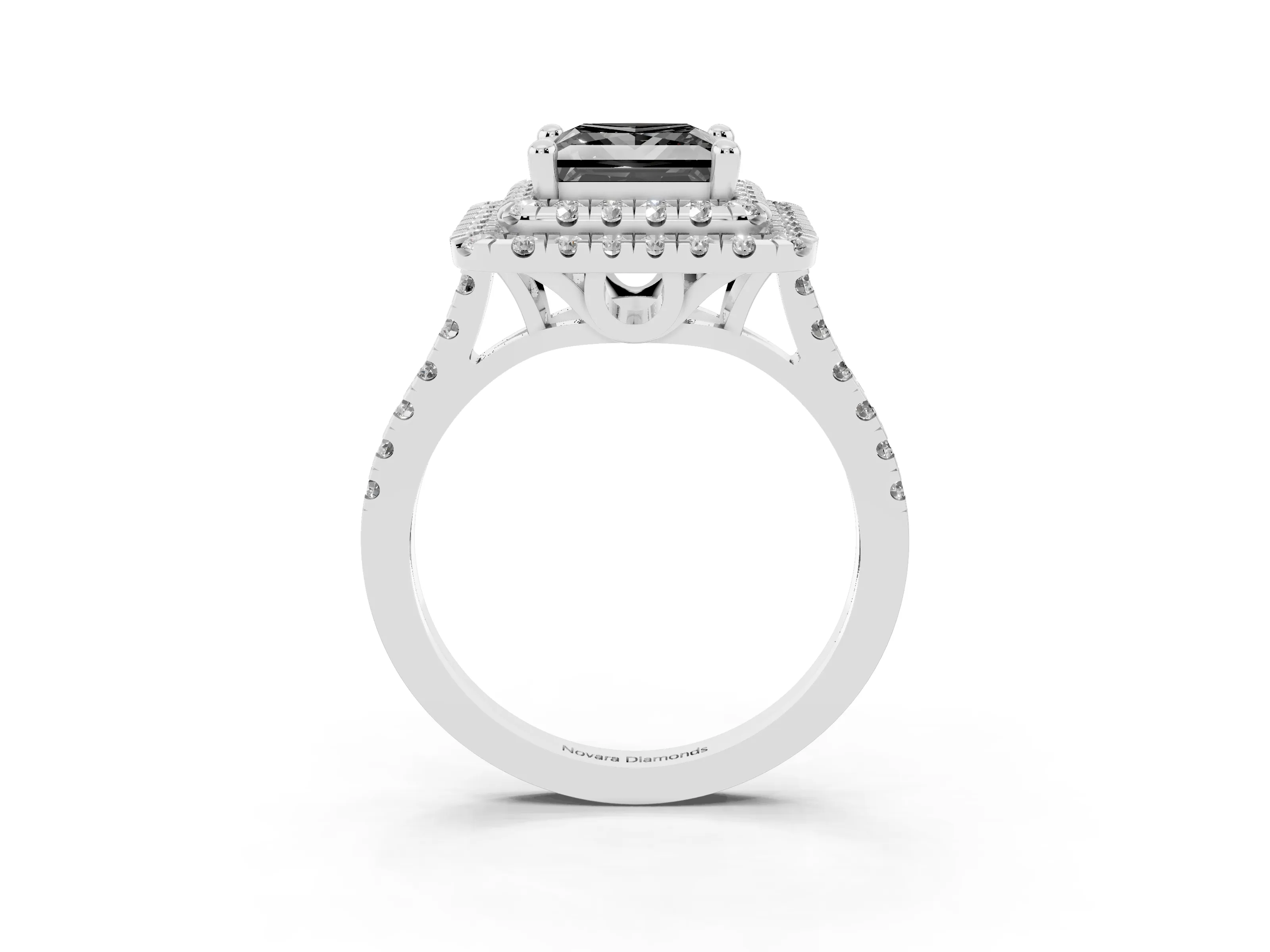 Fancy Black Princess Cut Diamond Double Halo Statement Ring Set in White gold with Pavé Band