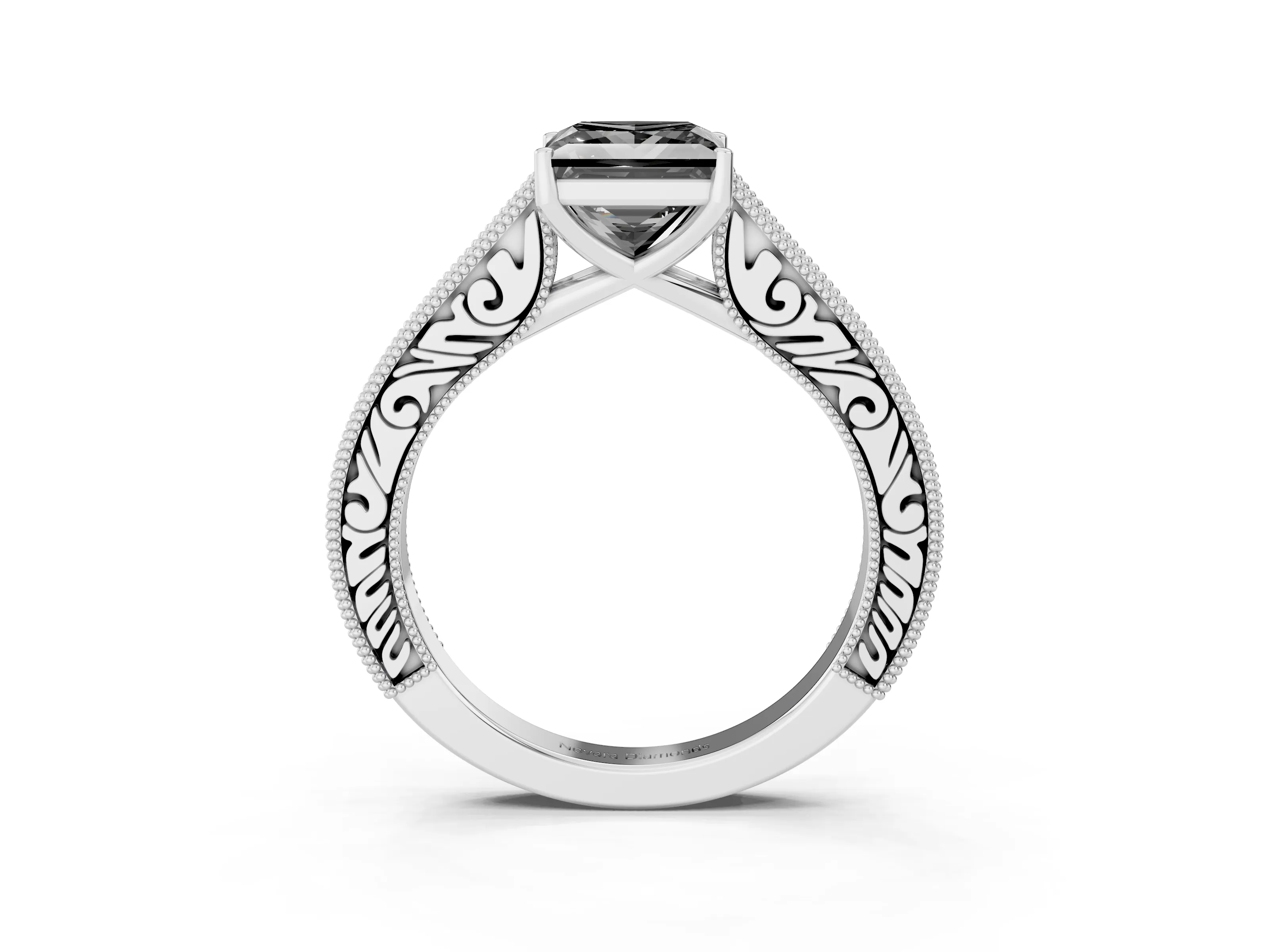 Fancy Black Princess Cut Diamond Milgrain Pavé Band Solitaire Ring Set in Platinum with Prong Setting