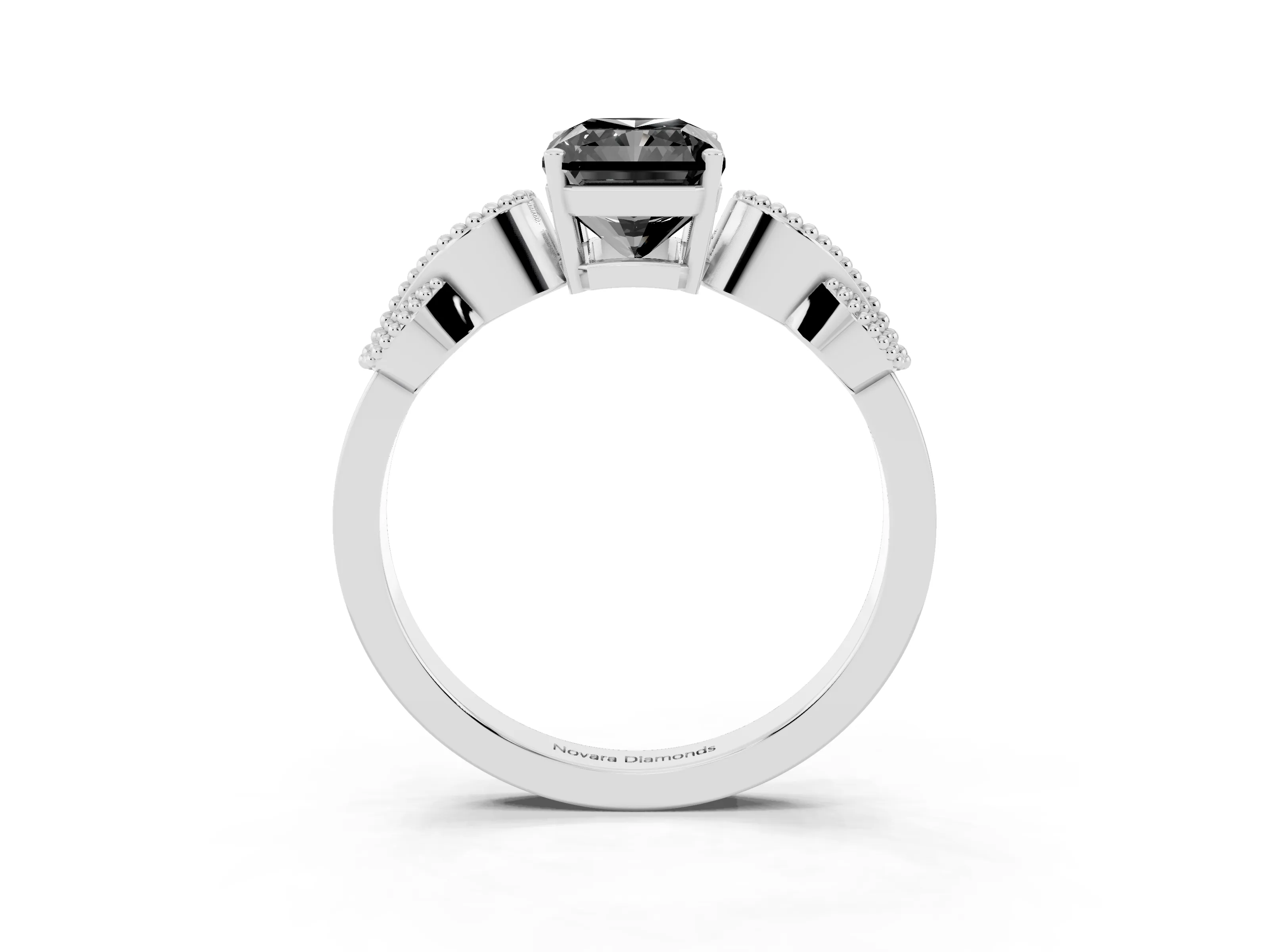 Fancy Black Princess Cut Diamond Milgrain Leaf Band Solitaire Ring Set in White gold with Accent Stones and Prong Setting