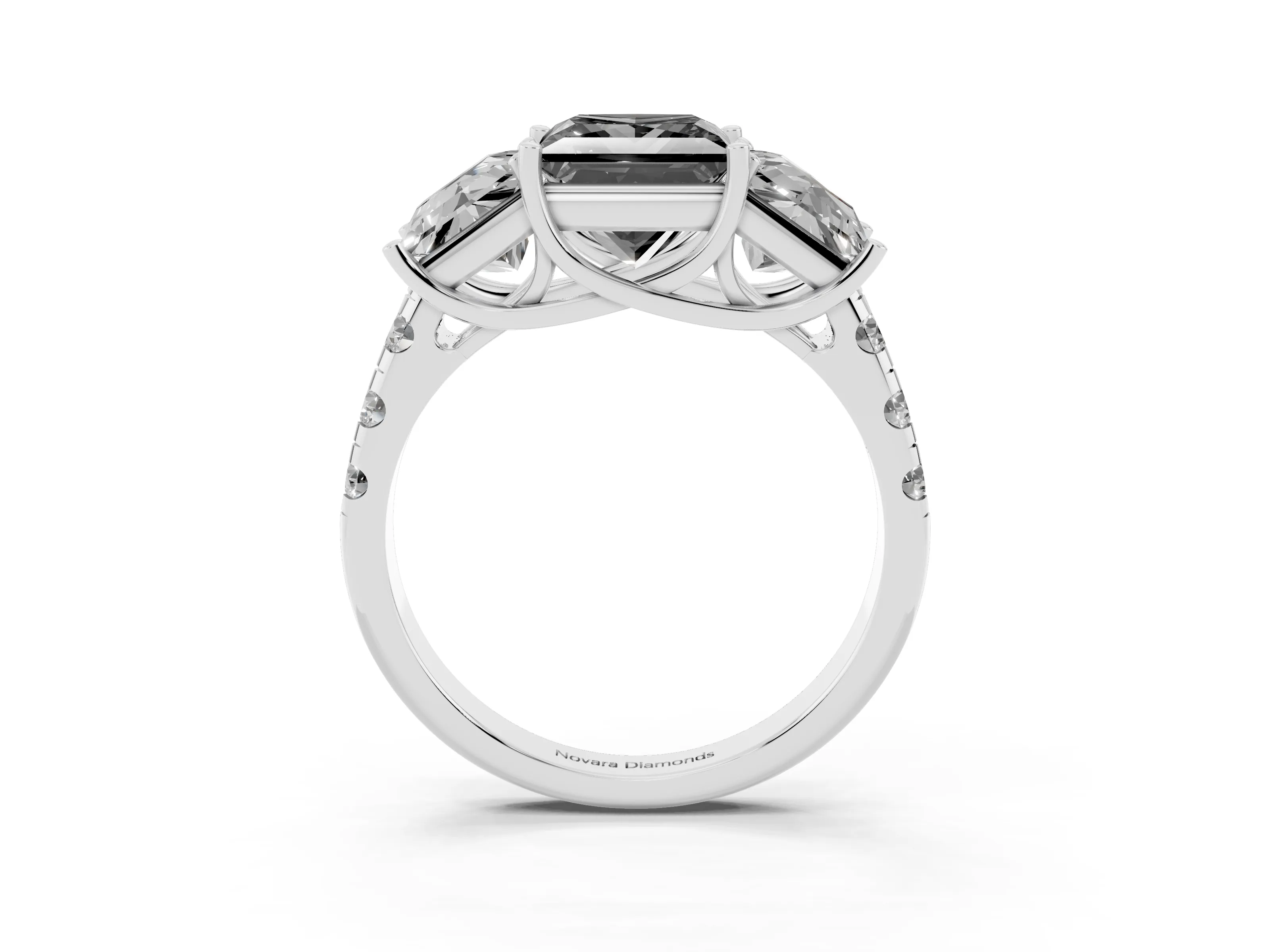 Fancy Black Princess Cut Diamond Three-Stone Ring Set in White gold with Pavé Band