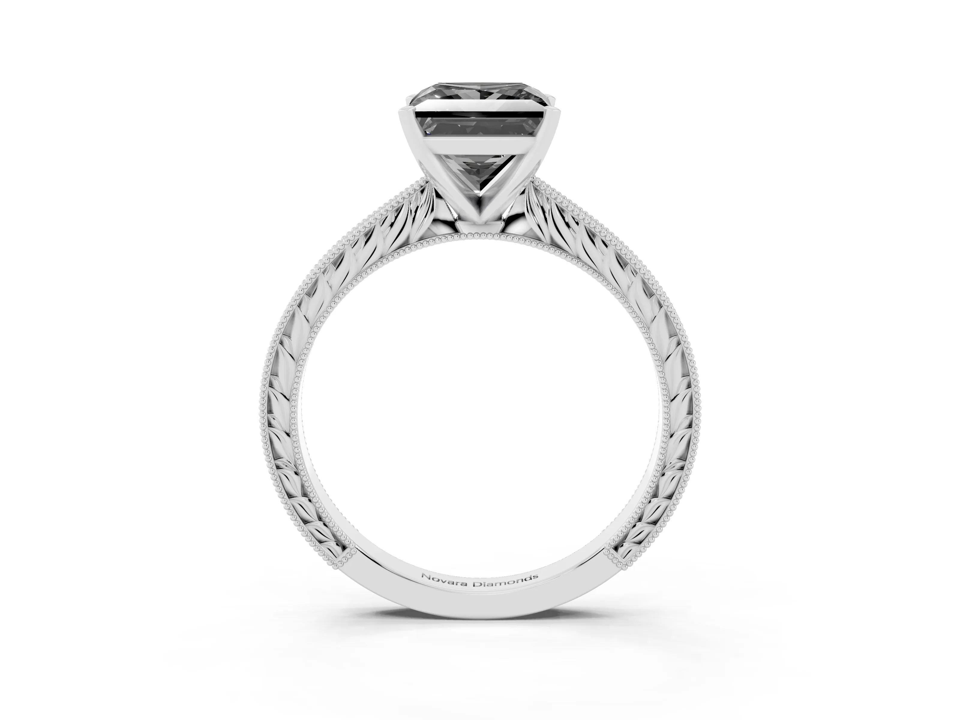 Fancy Black Princess Cut Diamond Solitaire Milgrain Engraved Band Set in Platinum with Prong Setting
