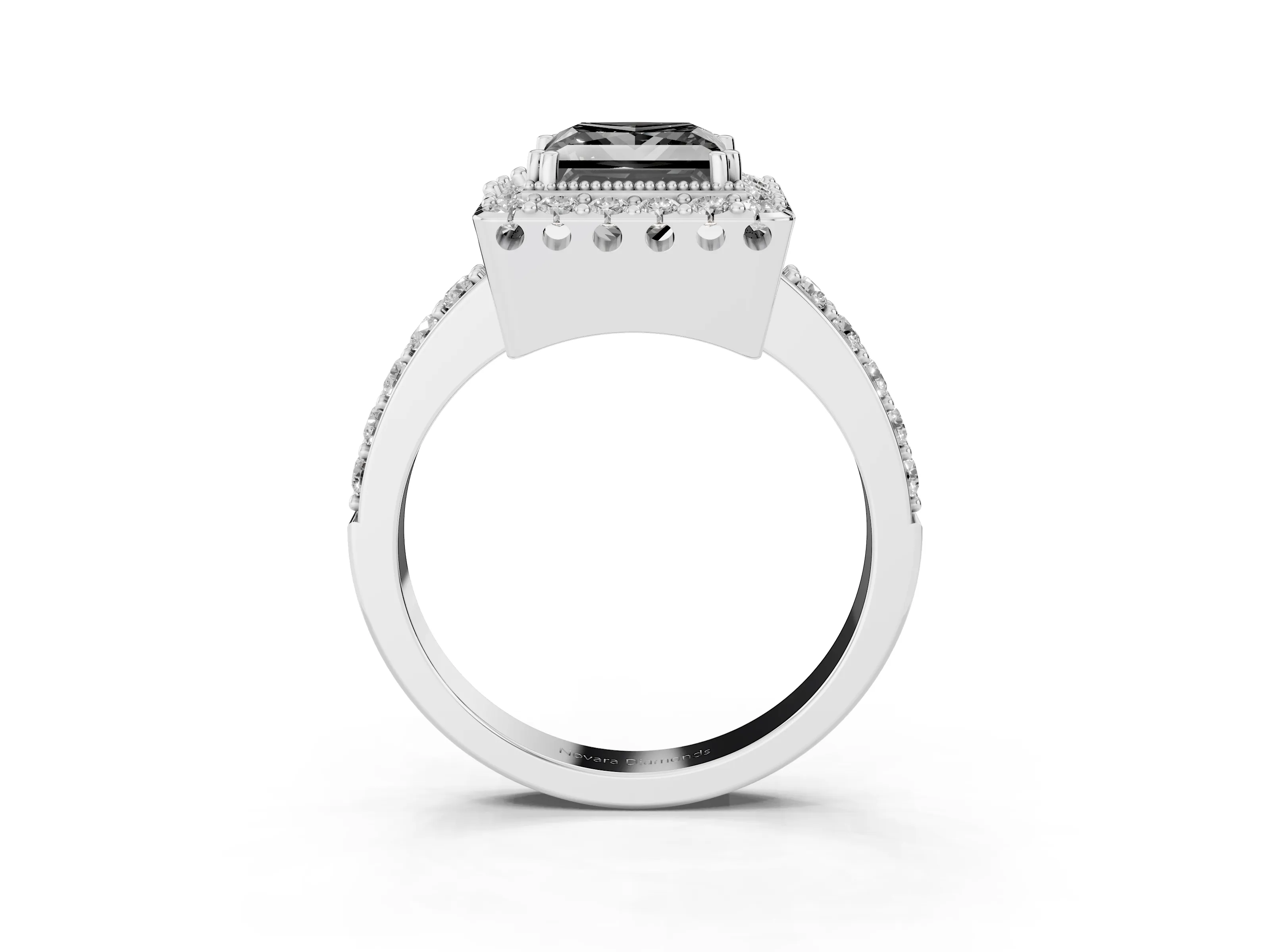 Fancy Black Princess Cut Diamond Halo Ring Set in White gold with Pavé Shank and Prong Setting