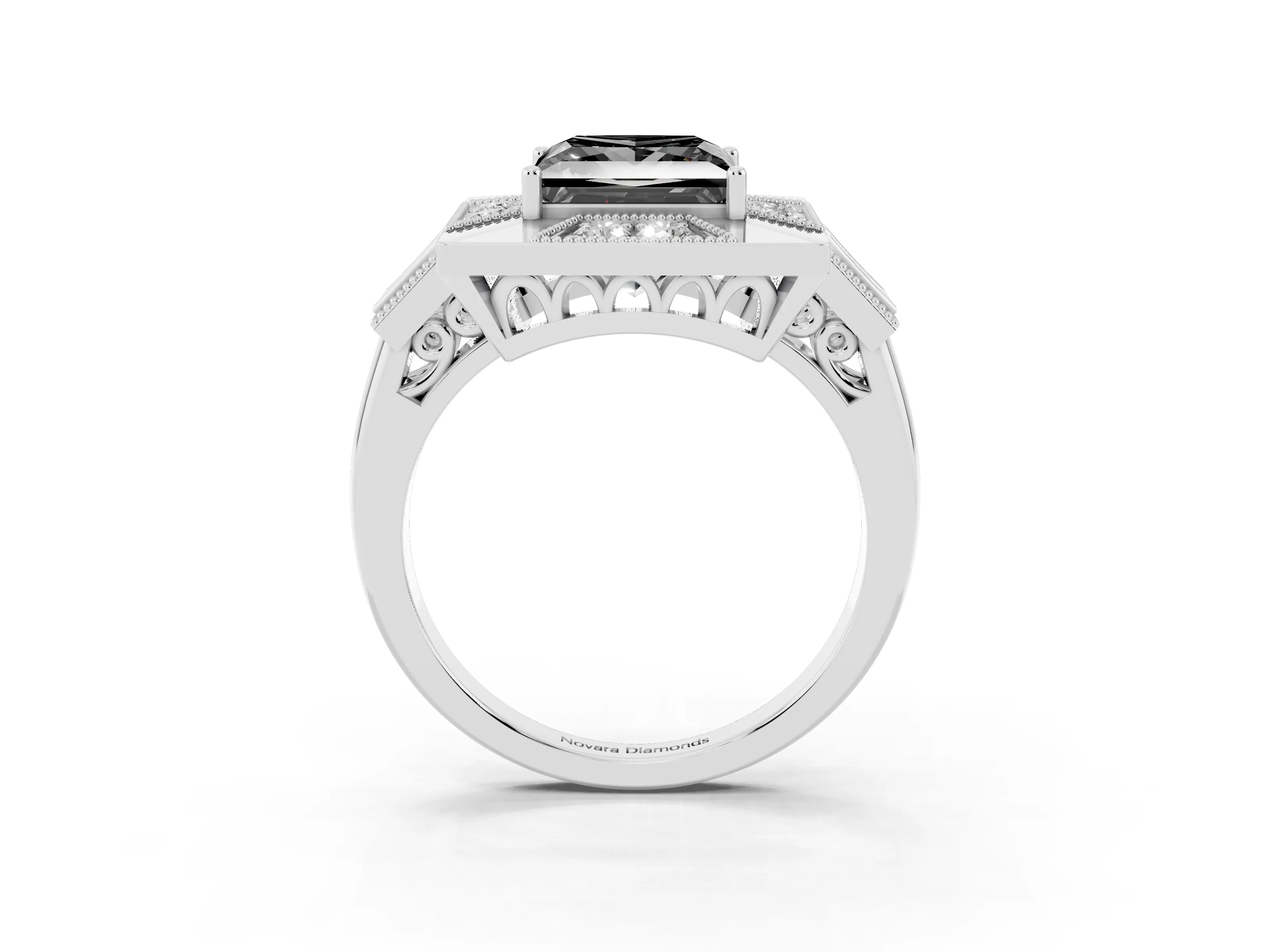 Fancy Black Princess Cut Diamond Milgrain Halo Ring Set in Silver with Split Shank