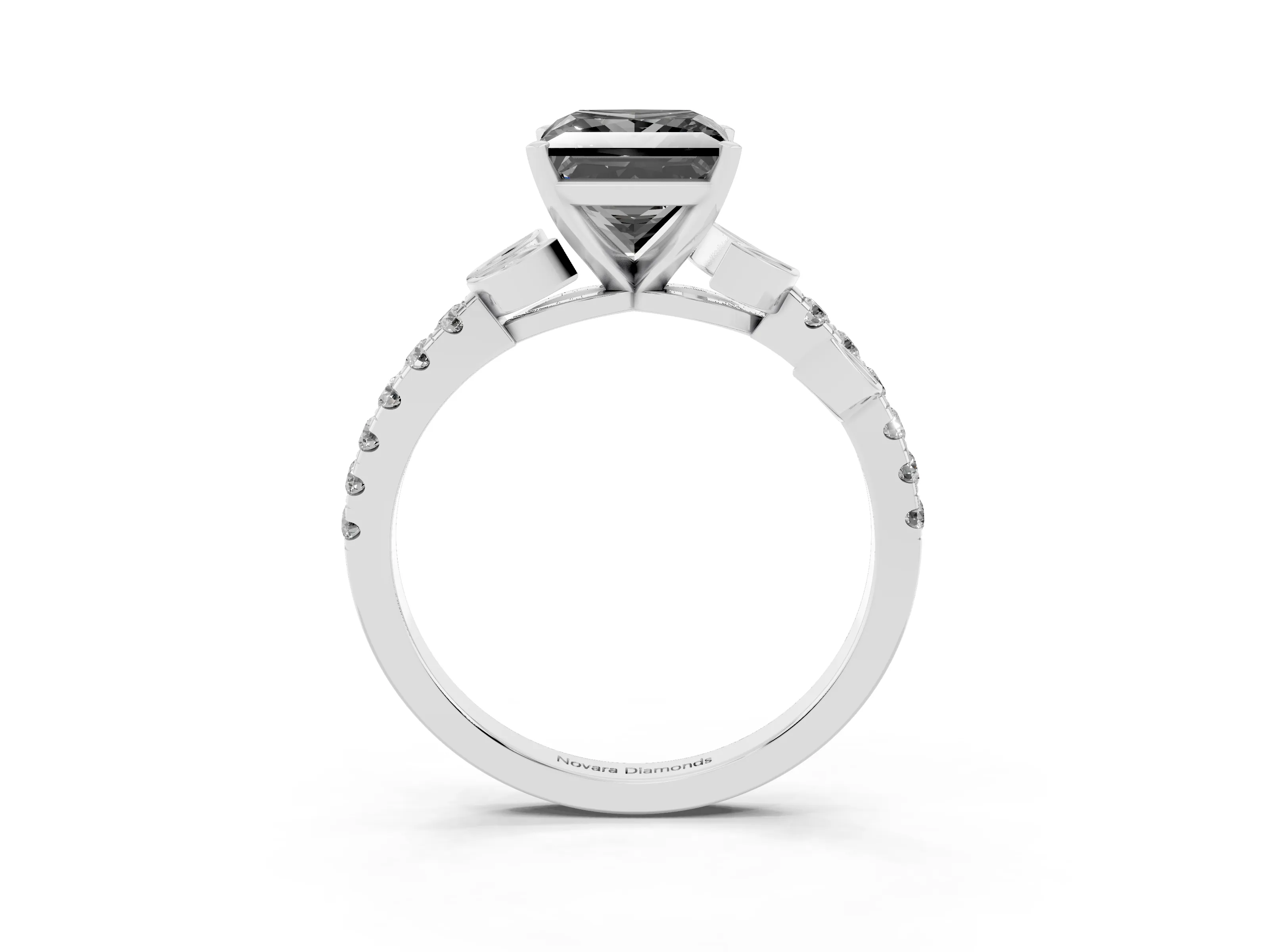 Fancy Black Princess Cut Diamond Solitaire Leaf-Inspired Ring Set in Platinum with Pavé Band and Prong Setting