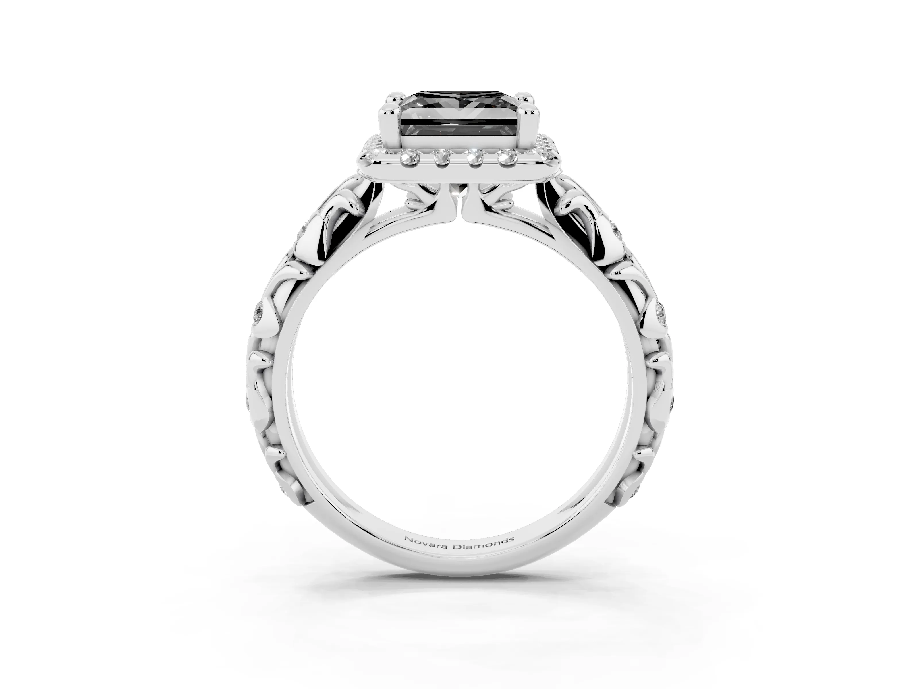 Fancy Black Princess Cut Diamond Halo Ring Set in Silver with Filigree Leaf Band and Prong Setting